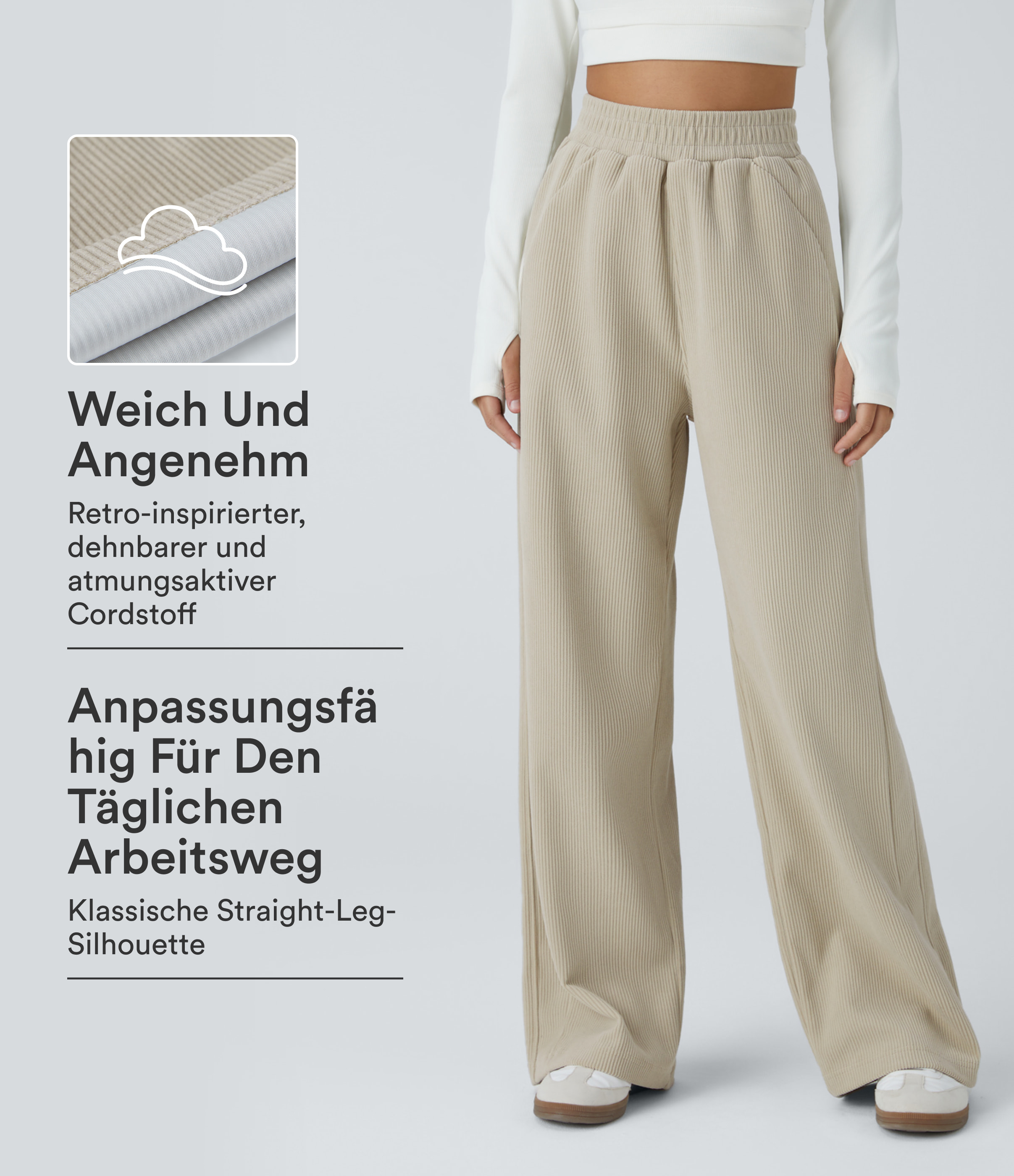Freizeithose aus Cord mit hohem Bund, Seitentaschen und geradem Bein