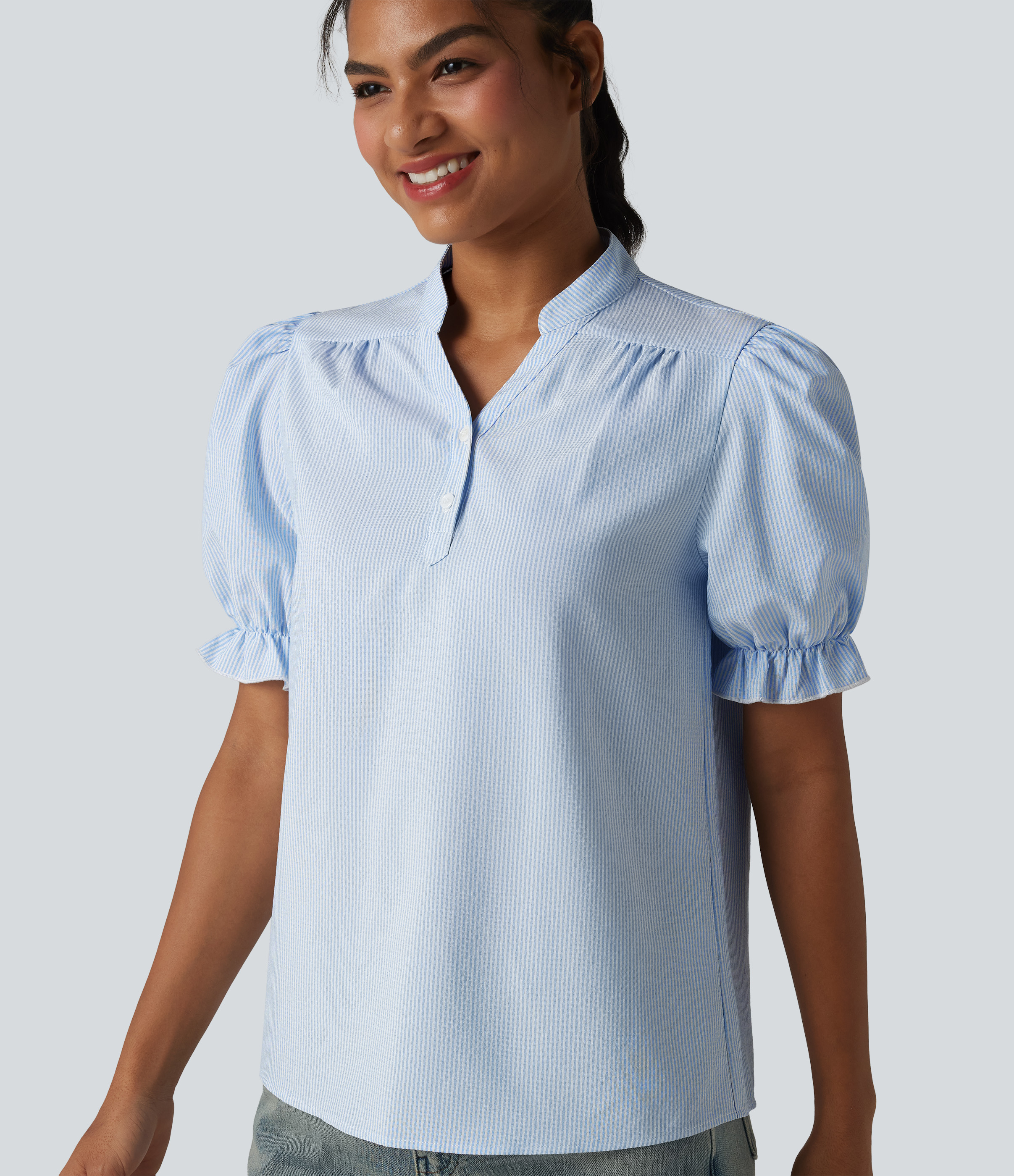Puff Short Sleeve Stripe Casual Shirt