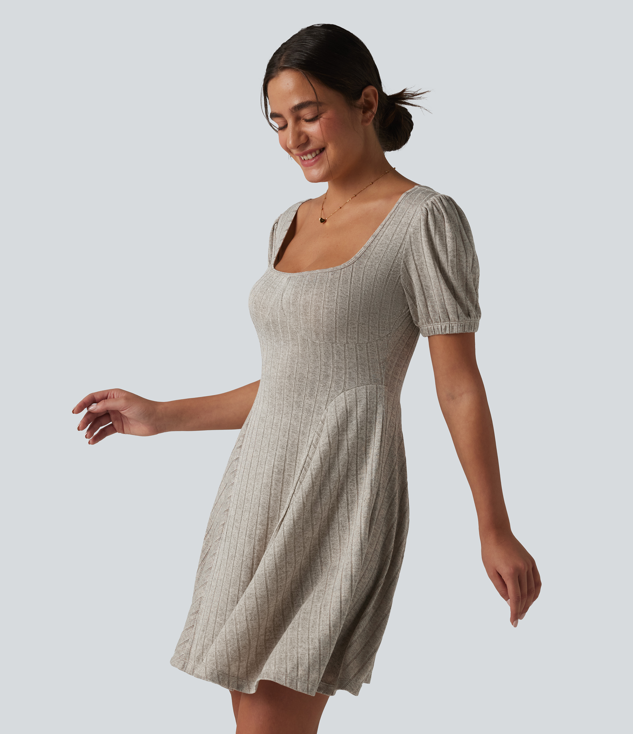 Ribbed Knit Square Neck Puff Short Sleeve Flare Mini Casual Dress with Pockets