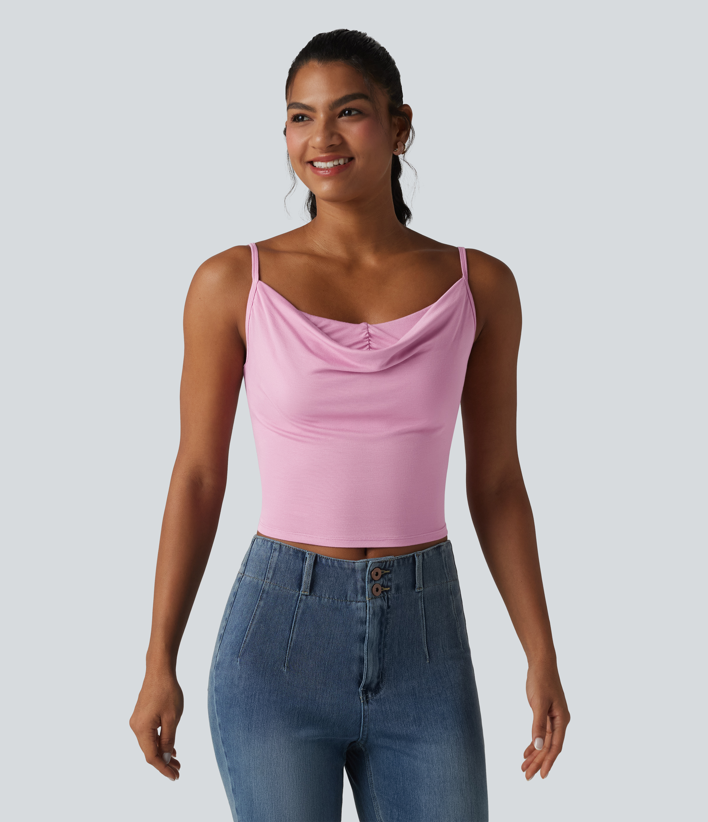 Ribbed Knit Cowl Neck Adjustable Straps Built-in Bra Casual Tank Top
