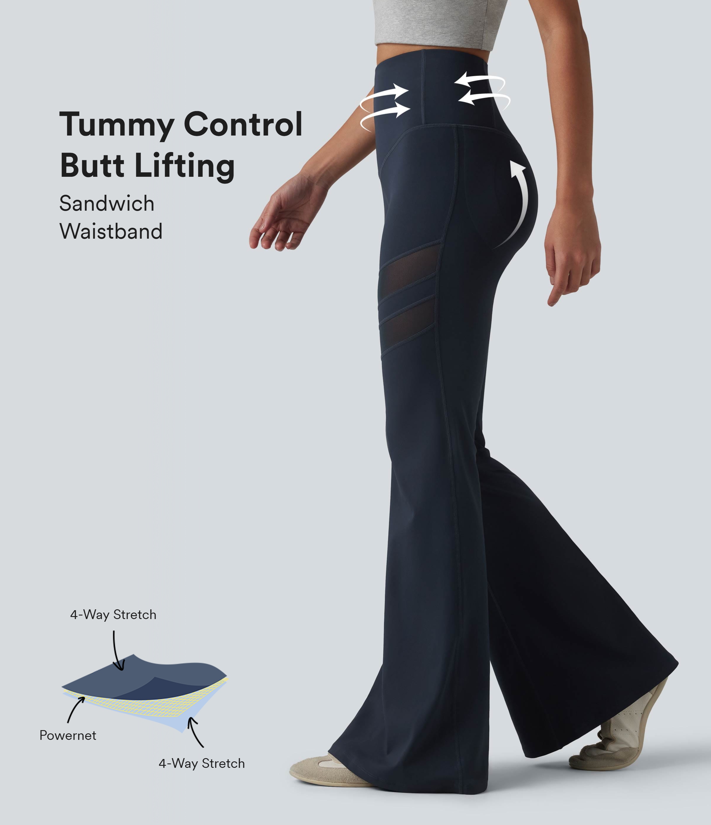 DayStretch Leggings mit hohem Bund, Bauchkontrolle, Po-Lifting, kontrastfarbenem Mesh-Einsatz und ausgestelltem Bein sowie Tasche