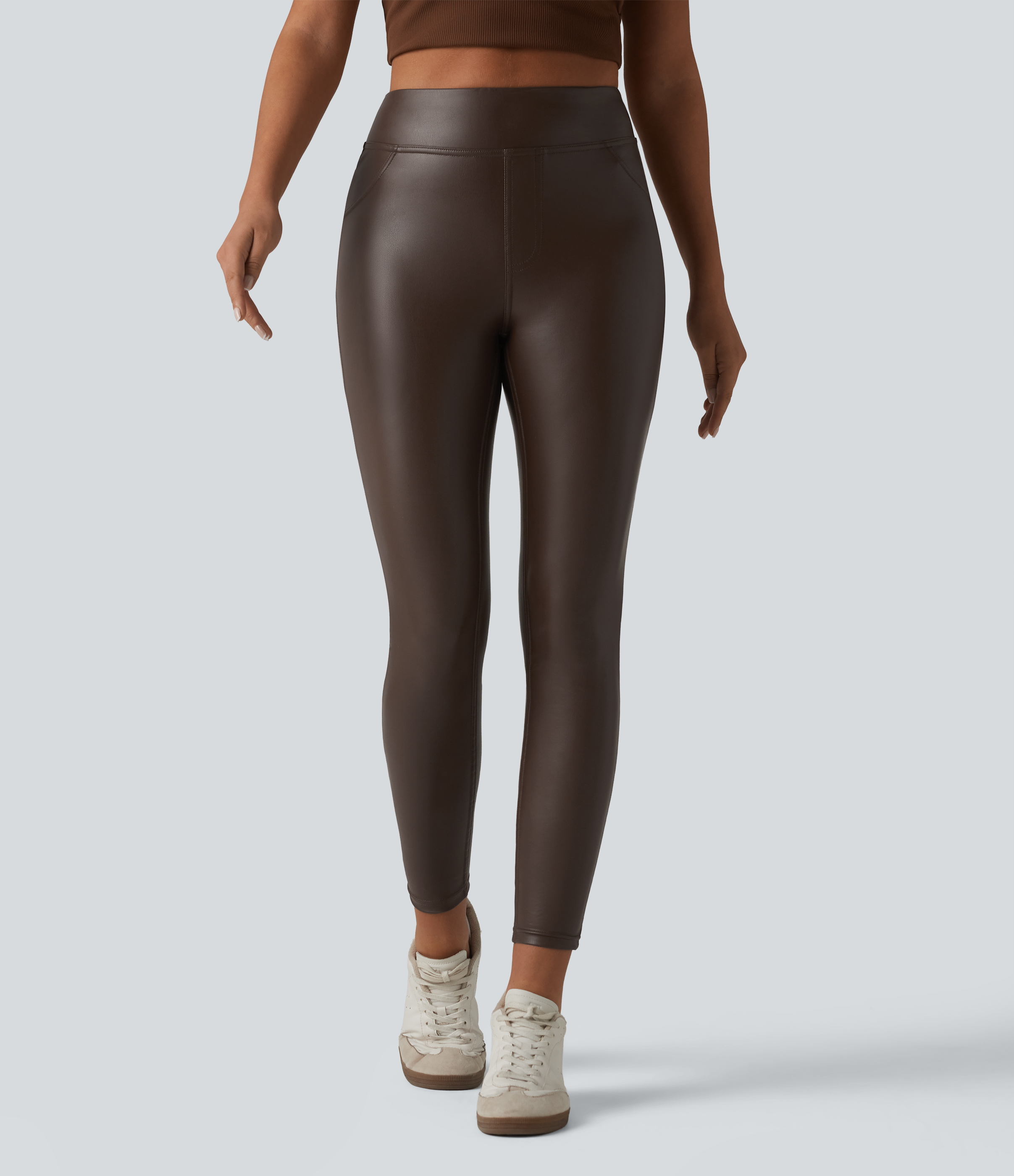 Cold Brew Brown High Waisted Stretchy PU Casual Skinny Pants with Pockets / 1