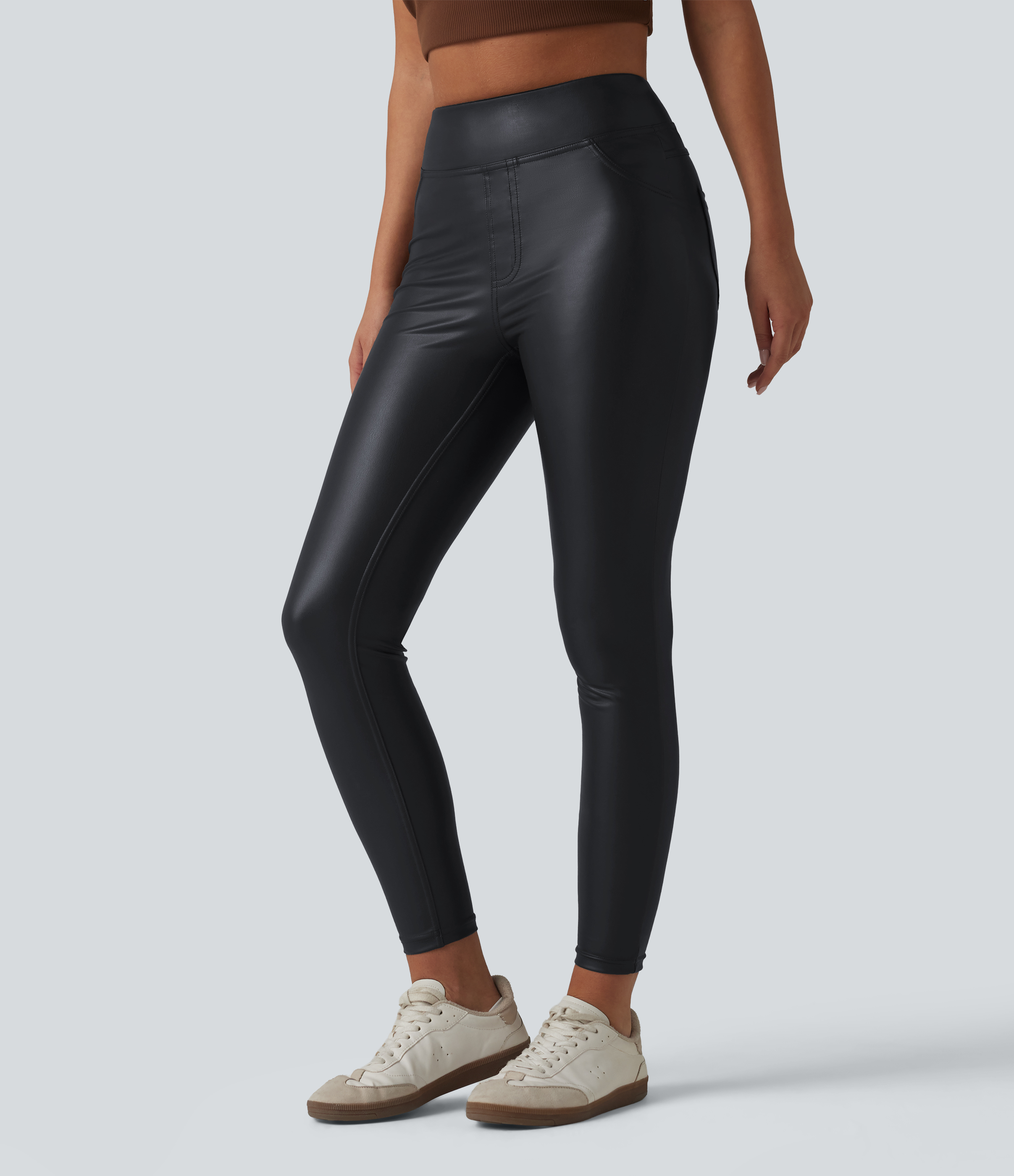 Pantalon skinny casual taille haute en simili cuir extensible avec poches