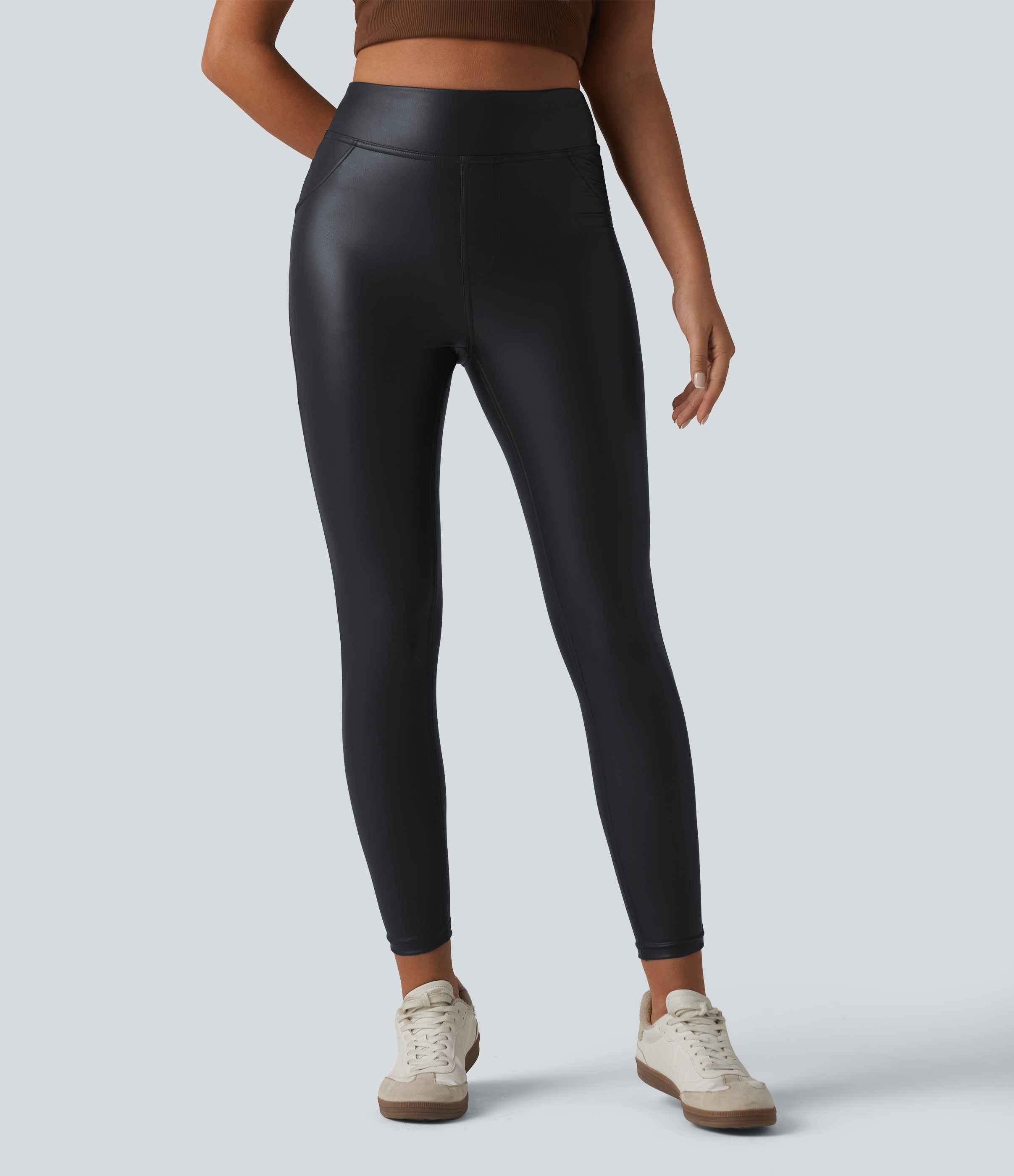 High Waisted Stretchy PU Casual Skinny Pants with Pockets