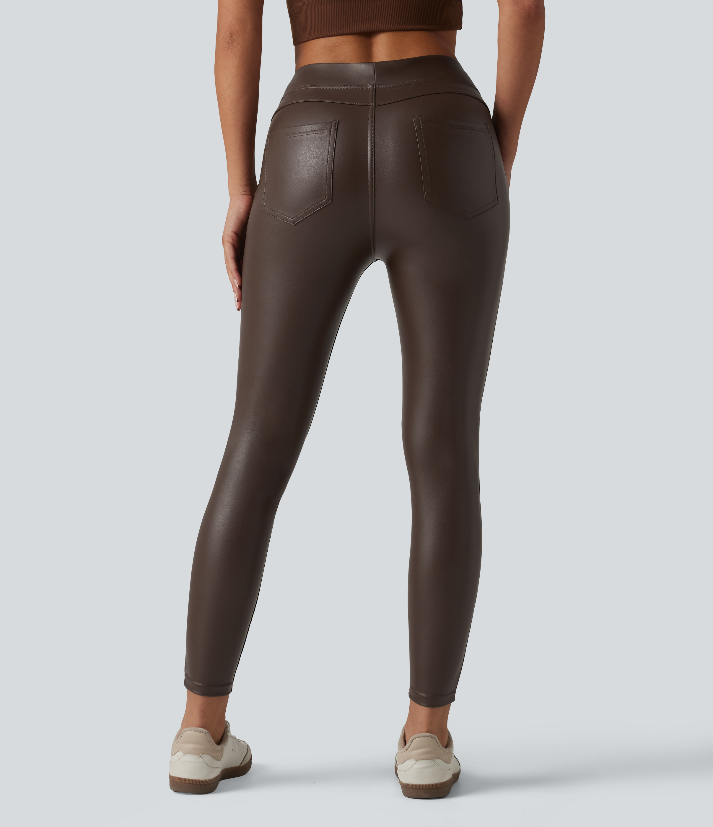 Cold Brew Brown High Waisted Stretchy PU Casual Skinny Pants with Pockets / 2