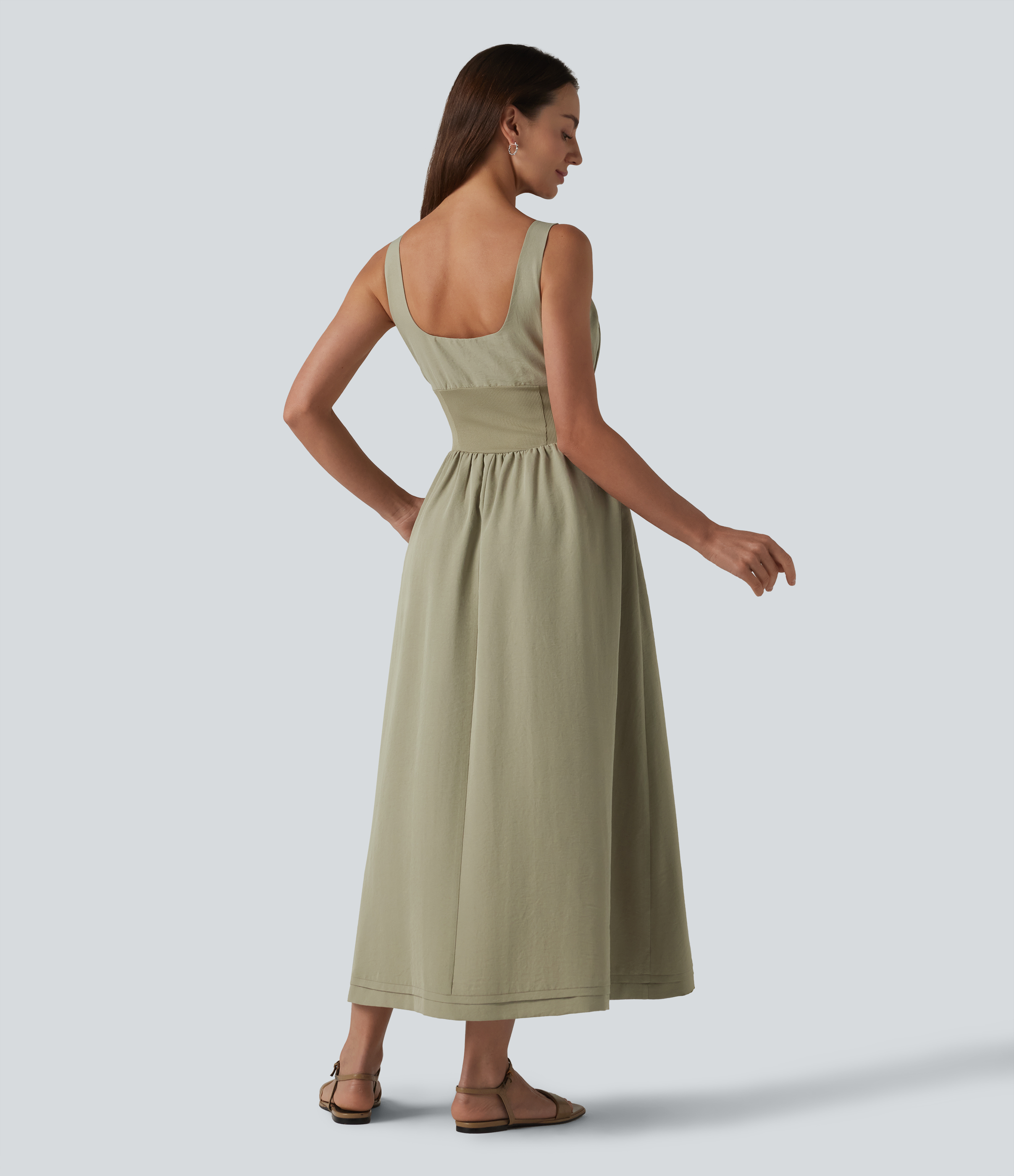 Earthy Yellow Robe midi décontractée à corset lacé et col carré avec poches / 2