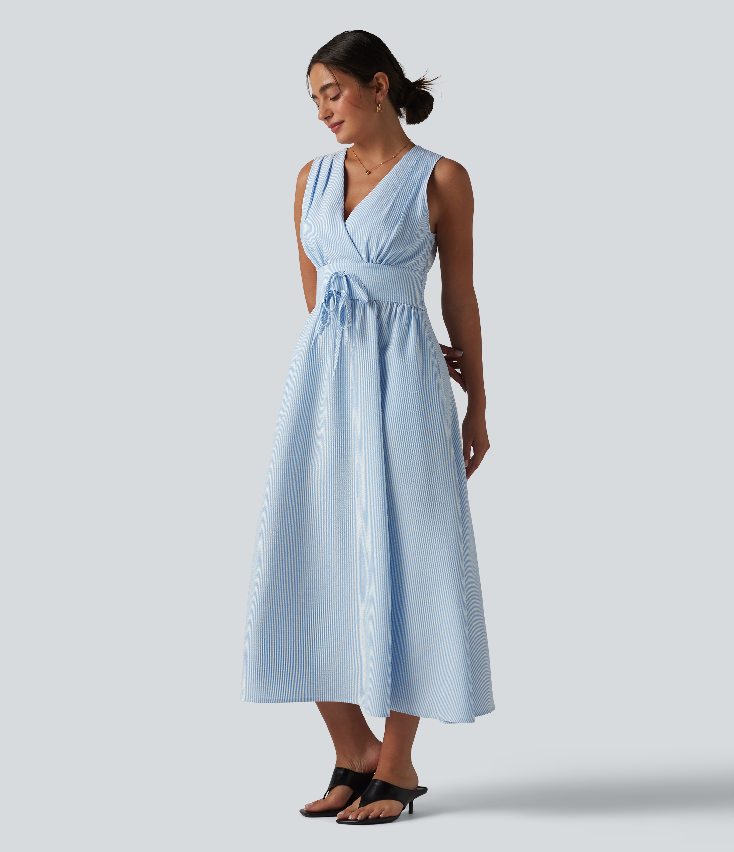 V Neck Sleeveless Stripe Midi Dress with Pockets
