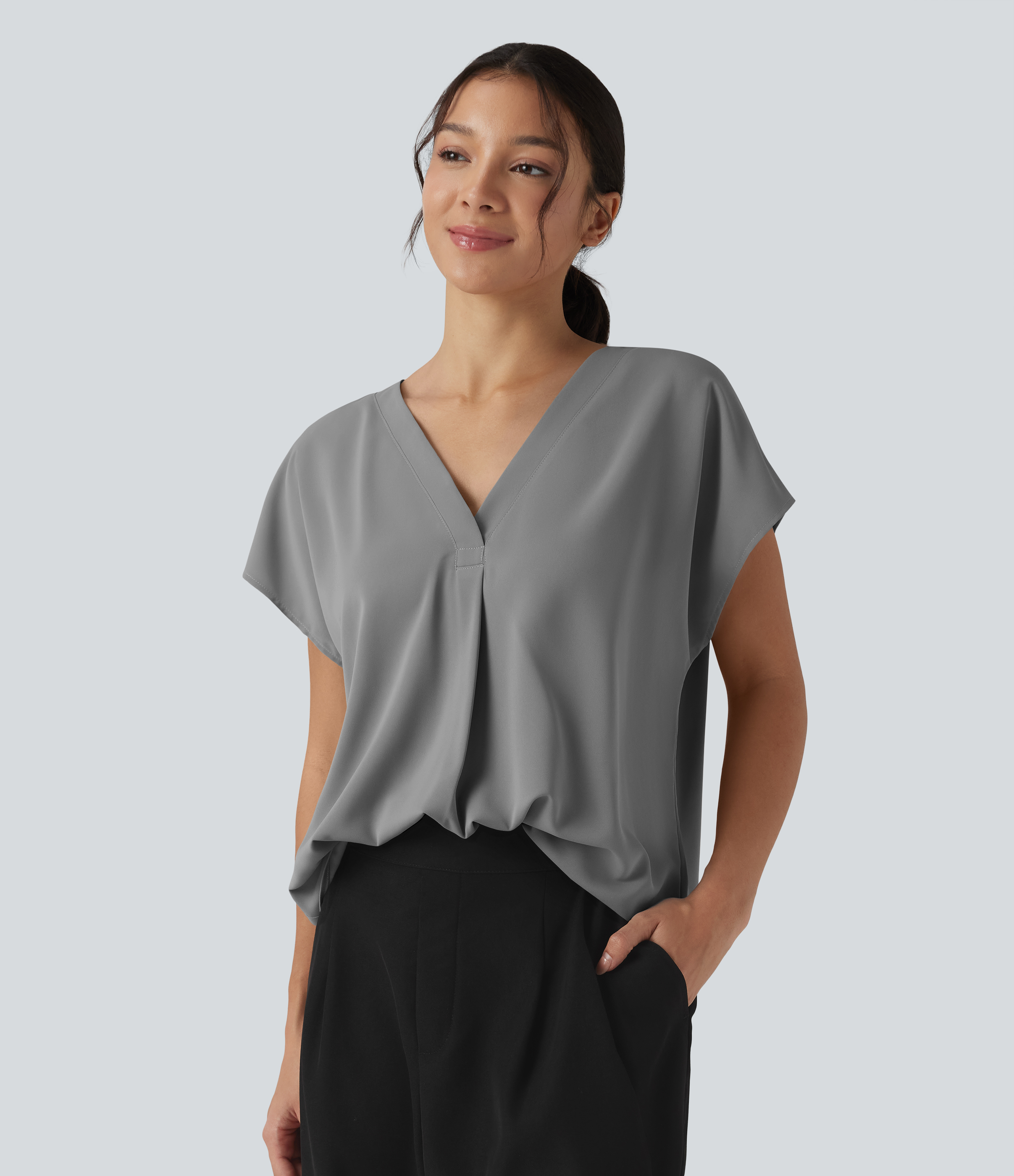 Wrinkle-resistant V-neck Short Sleeve Oversized Work Blouse