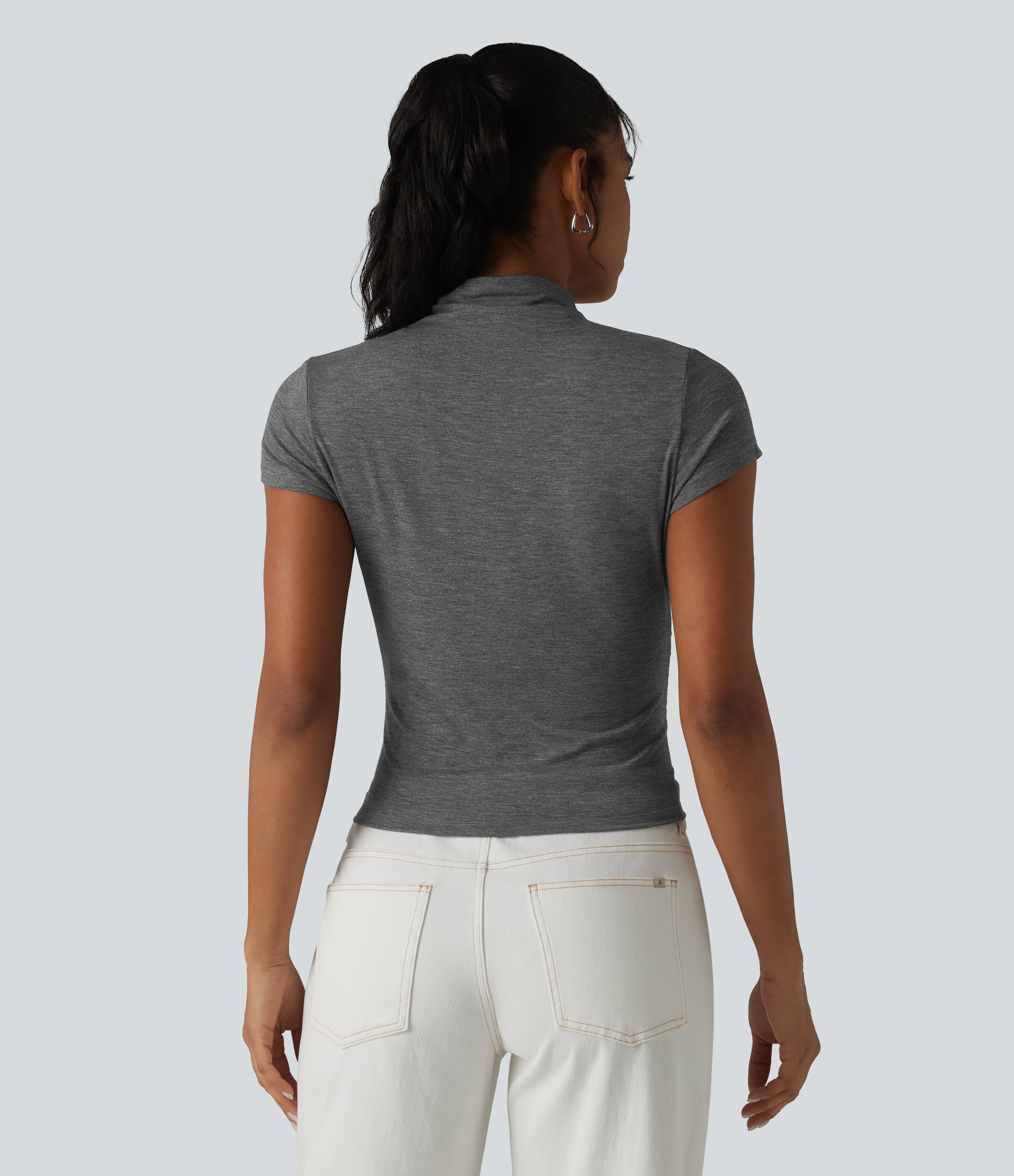 Darl Gray Floral Yarn Mock-neck Short Sleeve Ruched Casual T-Shirt / 2
