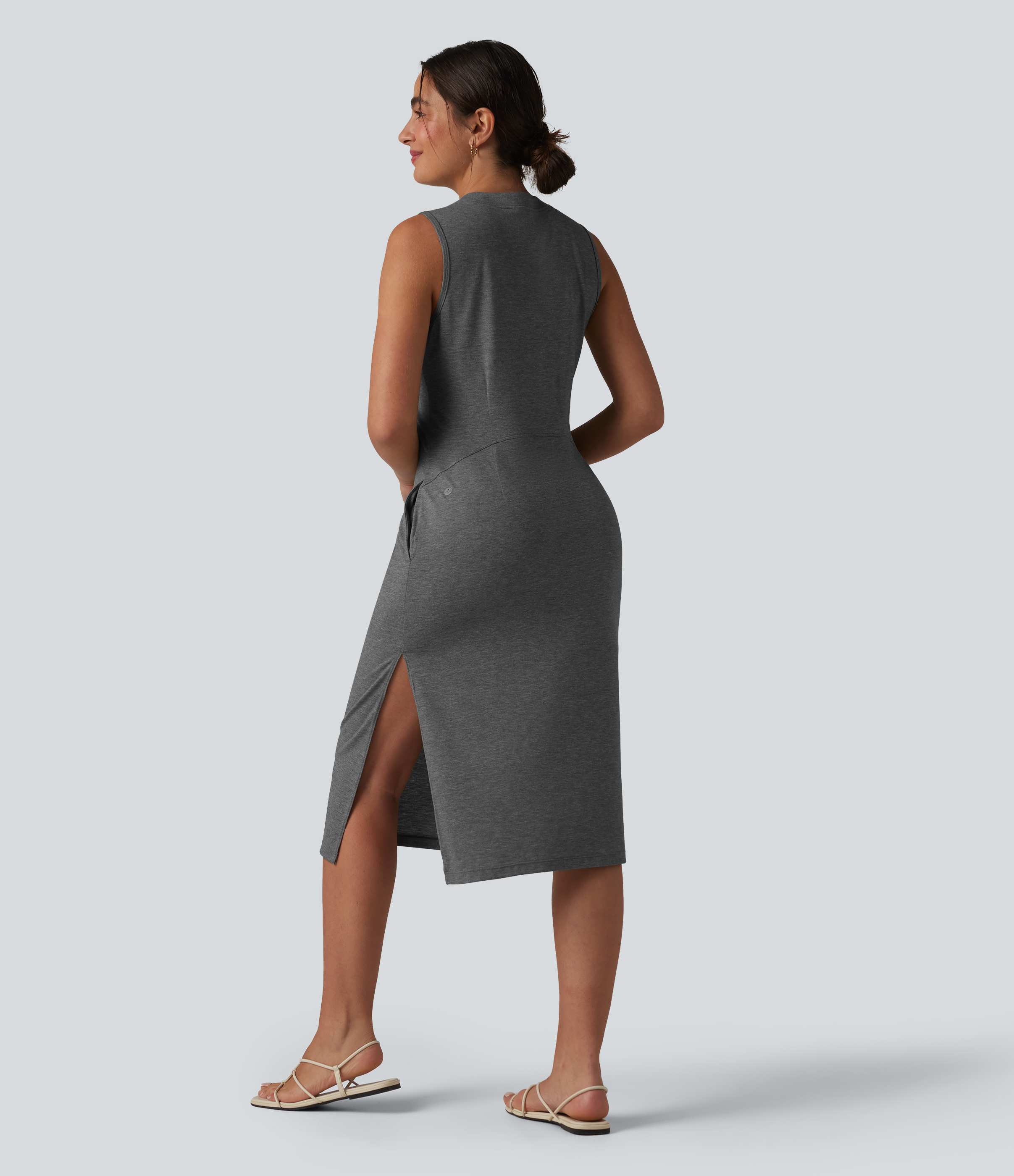Darl Gray Floral Yarn Ärmelloses, lässiges Midikleid mit Henley-Ausschnitt und Taschen / 2