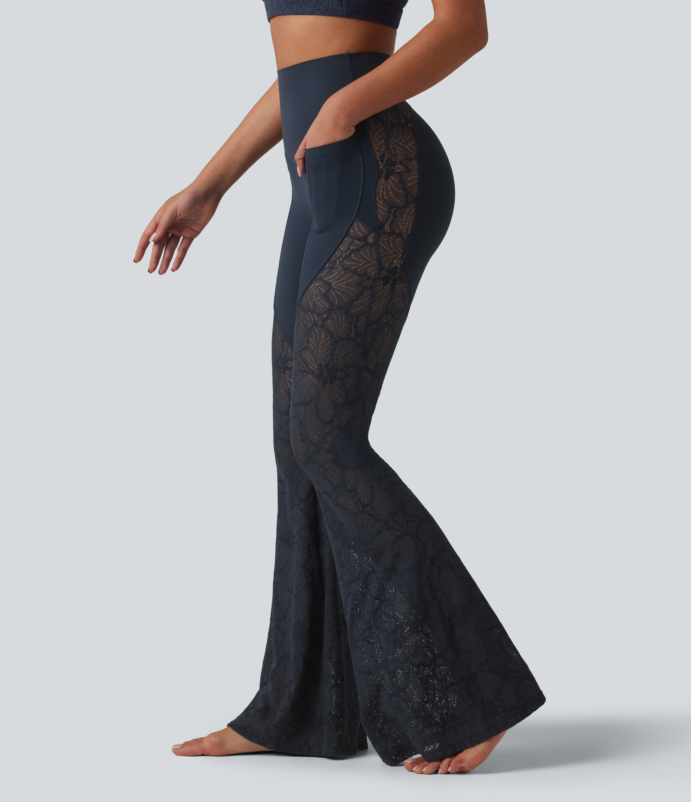 Halara UltraSculpt™ High Waisted Tummy Control Contrast Lace Yoga Flare Leggings with Pockets