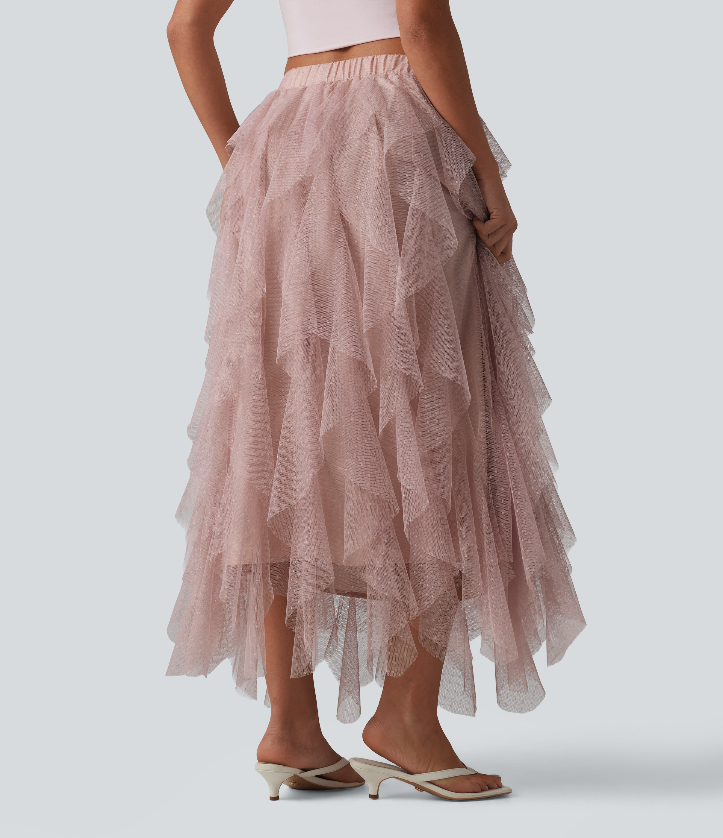 Peach Blush Mid Rise Asymmetric Tiered Mesh Midi Resort Skirt / 2