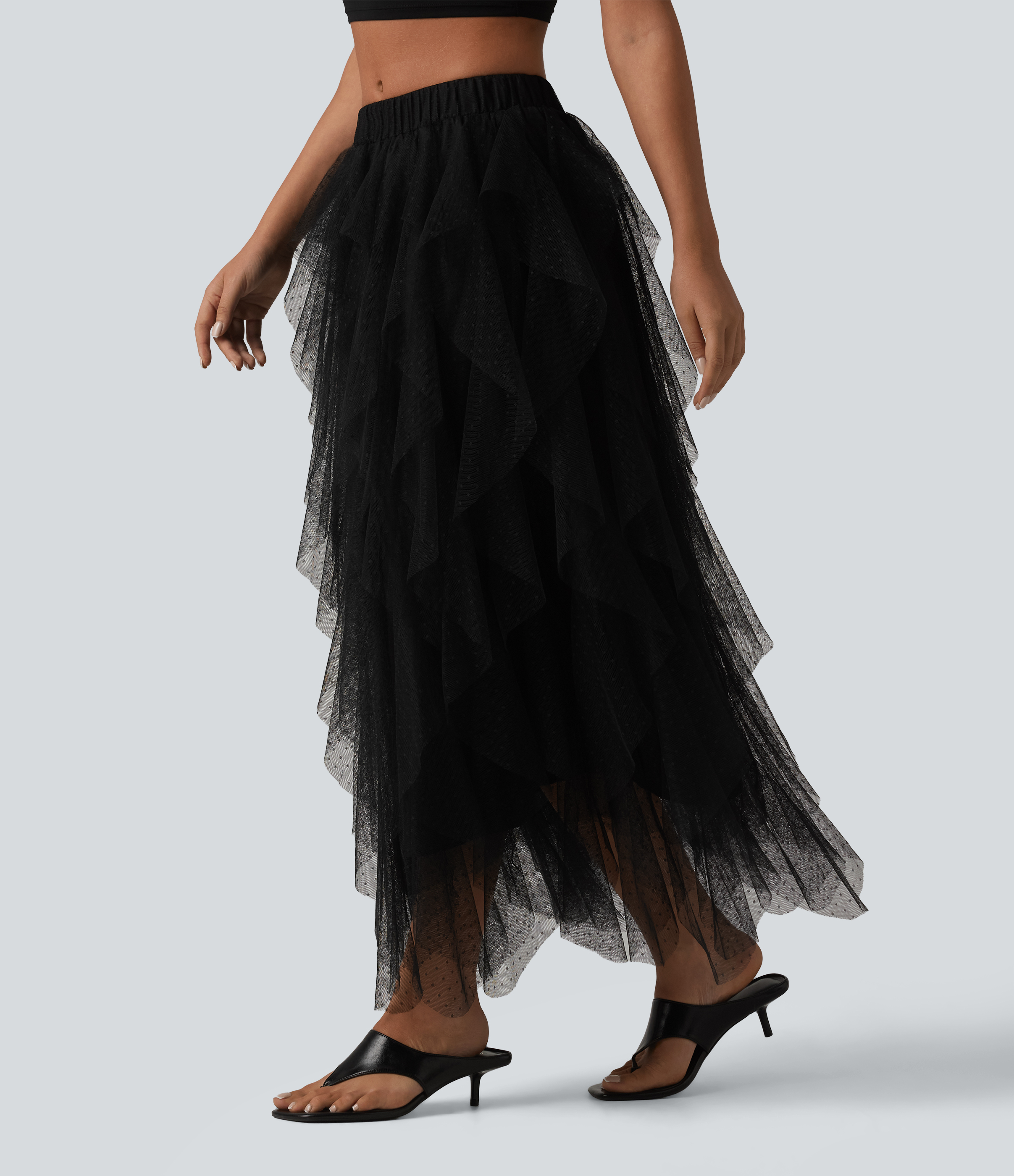 Mid Rise Asymmetric Tiered Mesh Midi Resort Skirt