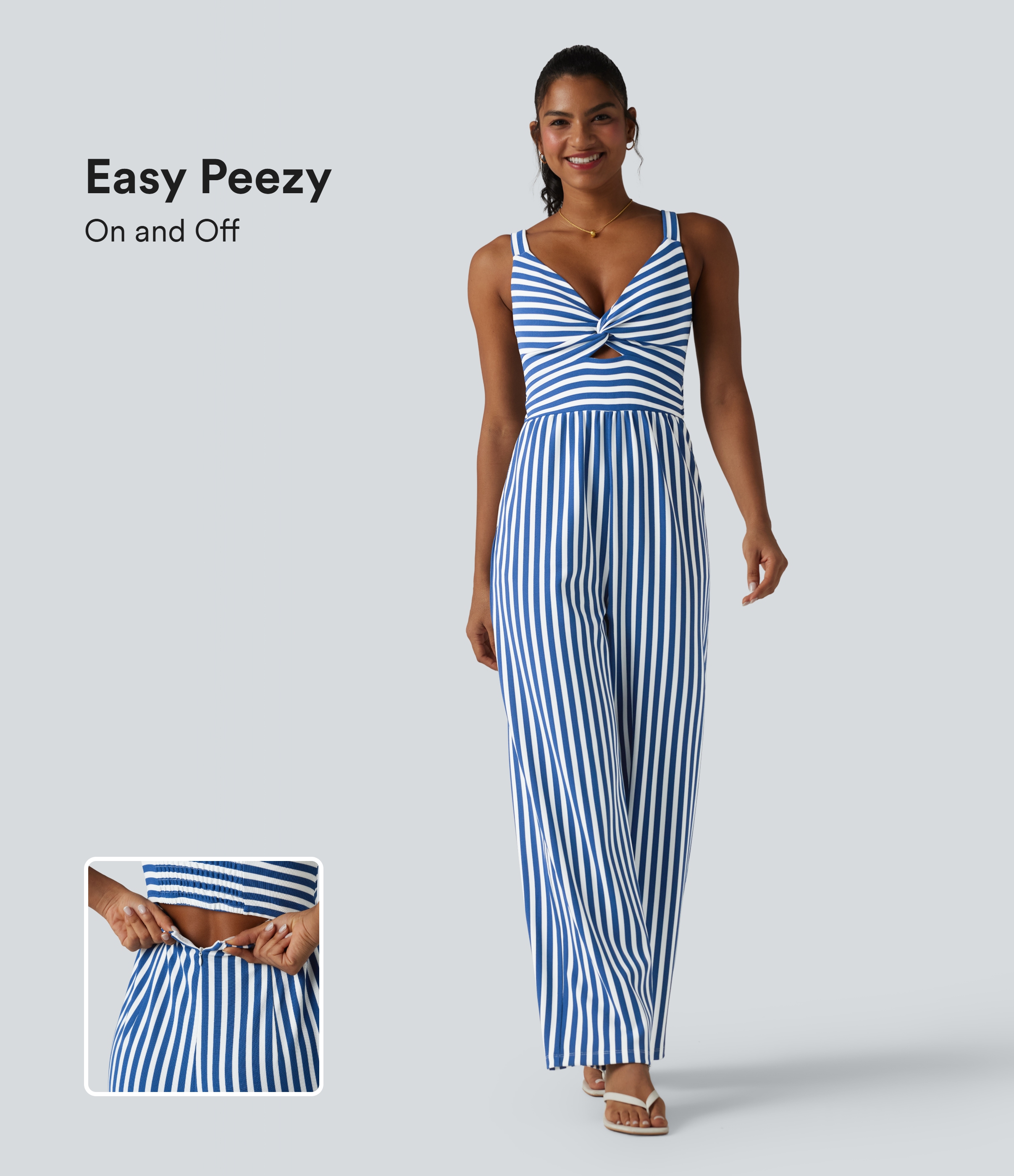 Sleeveless Twisted Shirred Invisible Zipper Built-in Bra Stripes Waffle Casual Jumpsuit with Pockets-Easy Peezy