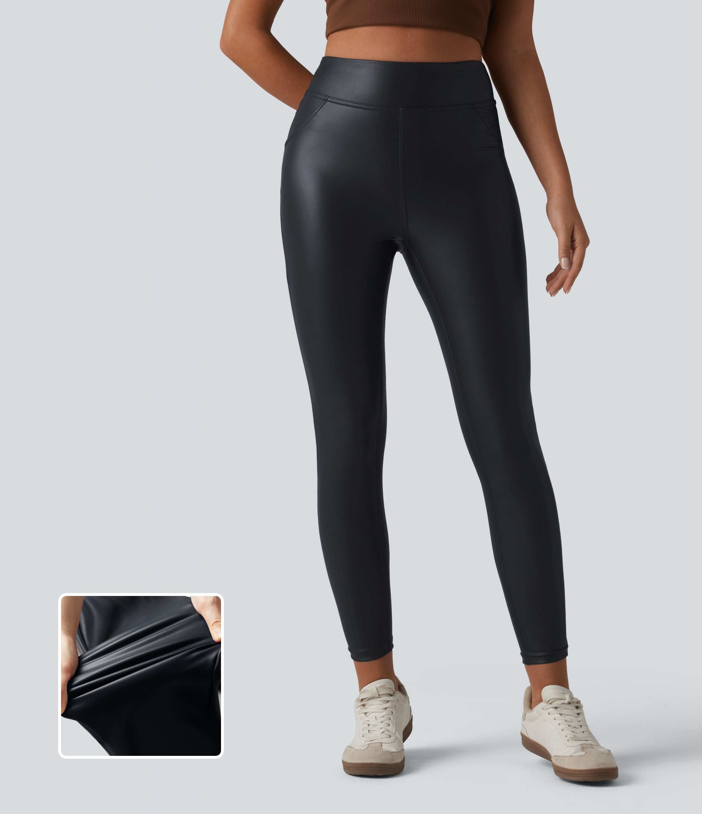 Pantalon skinny casual taille haute en simili cuir extensible avec poches