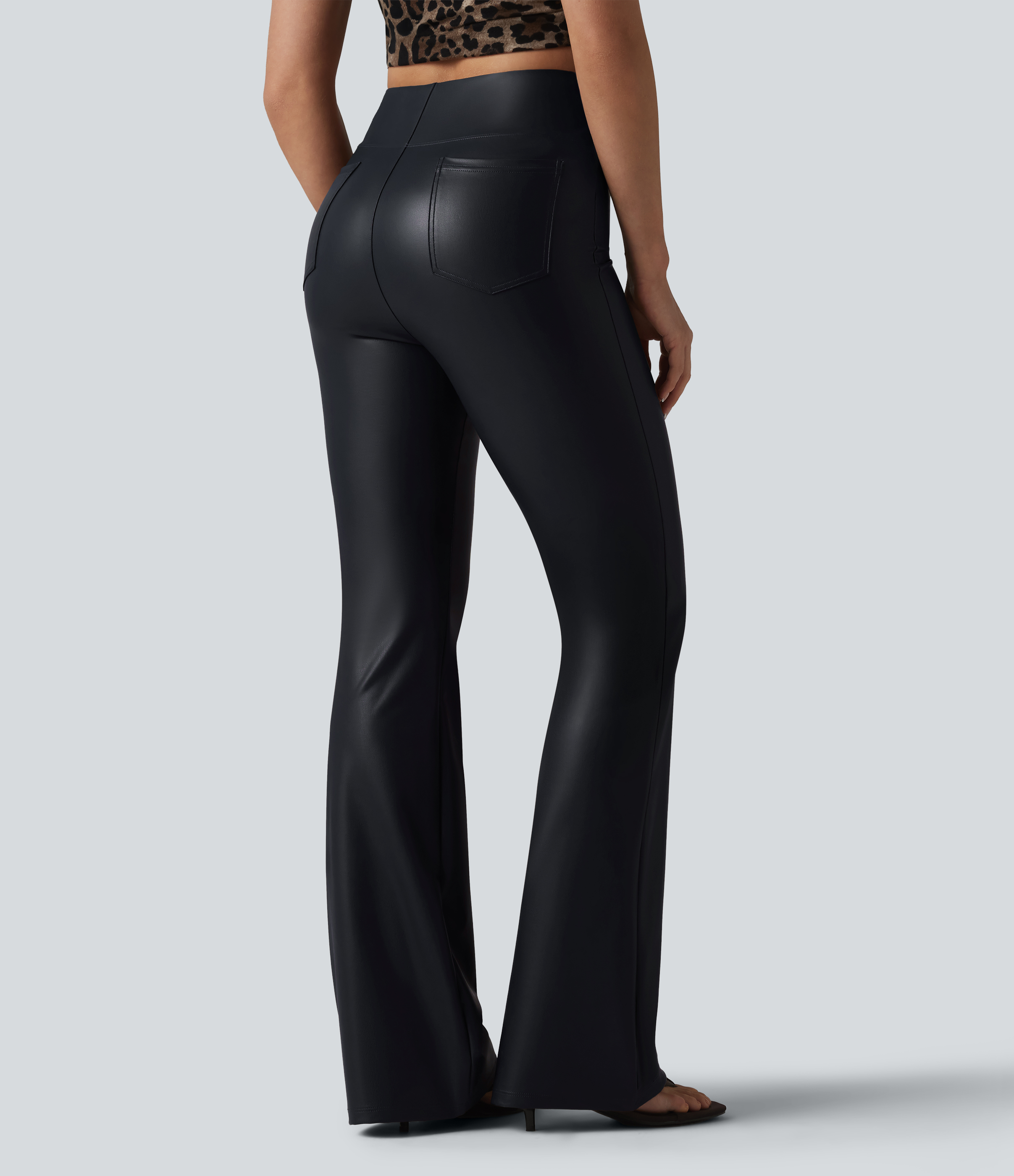 High Waisted Bootcut Stretchy PU Casual Trousers with Pockets