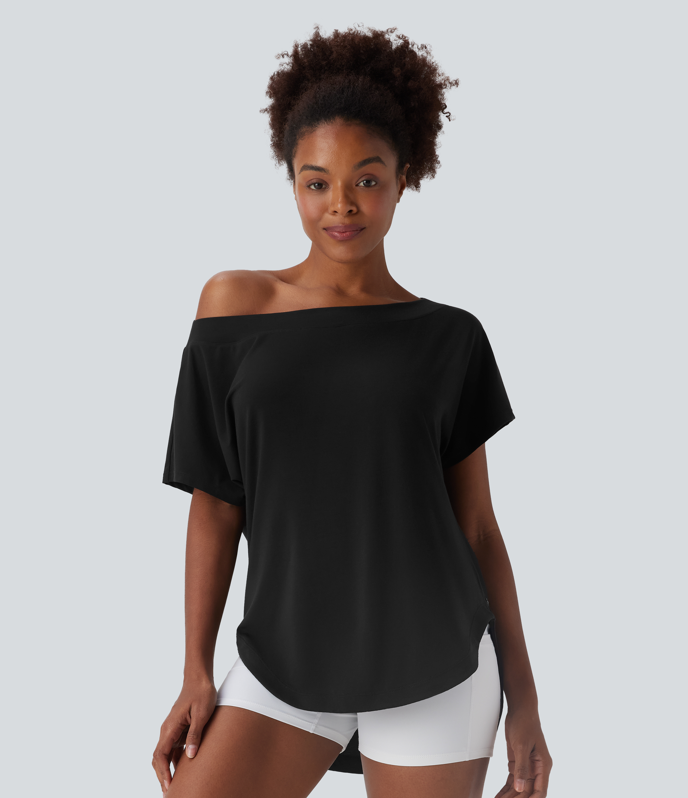 One Shoulder Short Sleeve Curved Hem High Low Quick Dry Yoga Sports Top