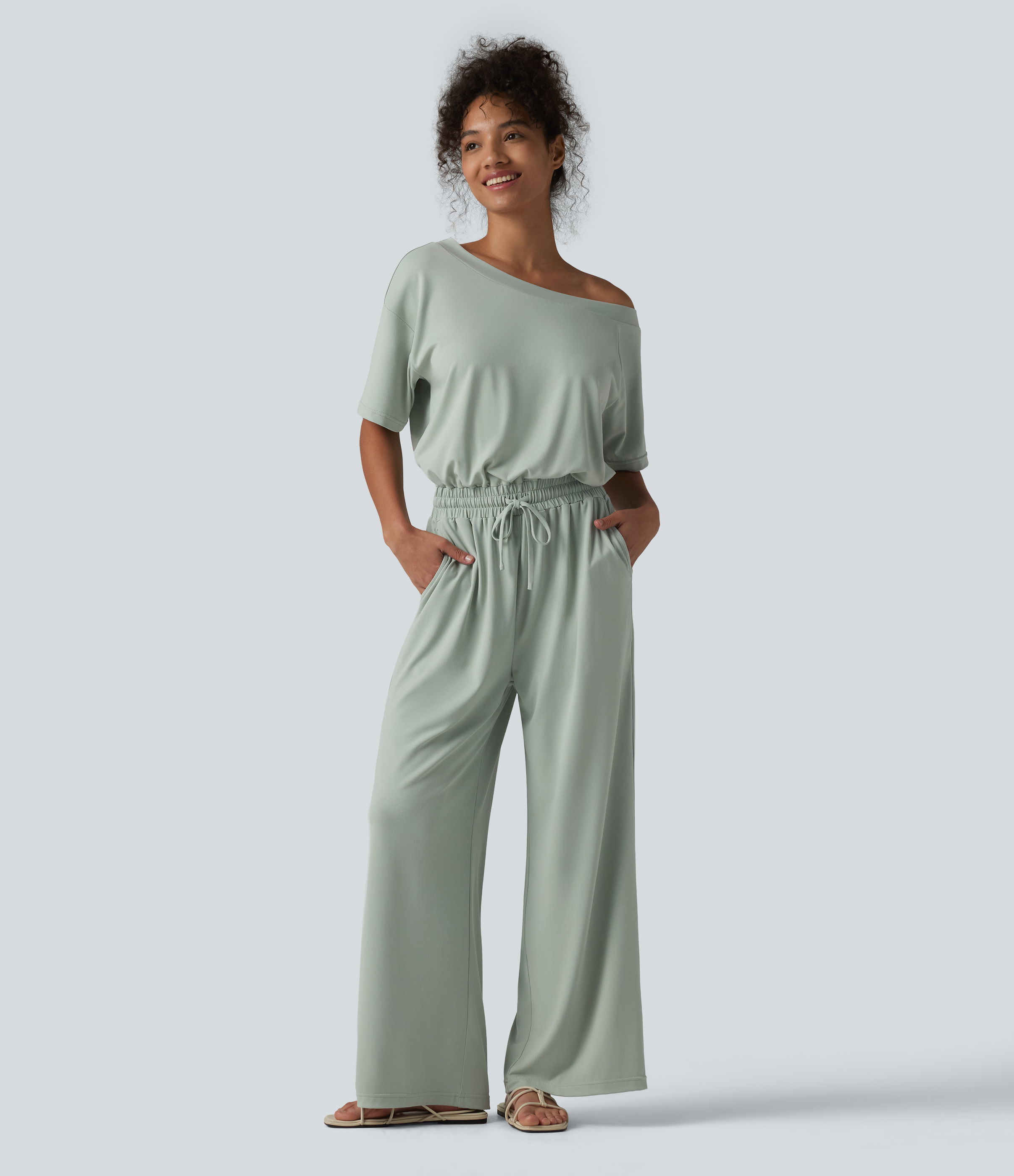 Boat Neck Short Sleeve Drawstring Baggy Casual Jumpsuit with Pockets-Easy Peezy Edition