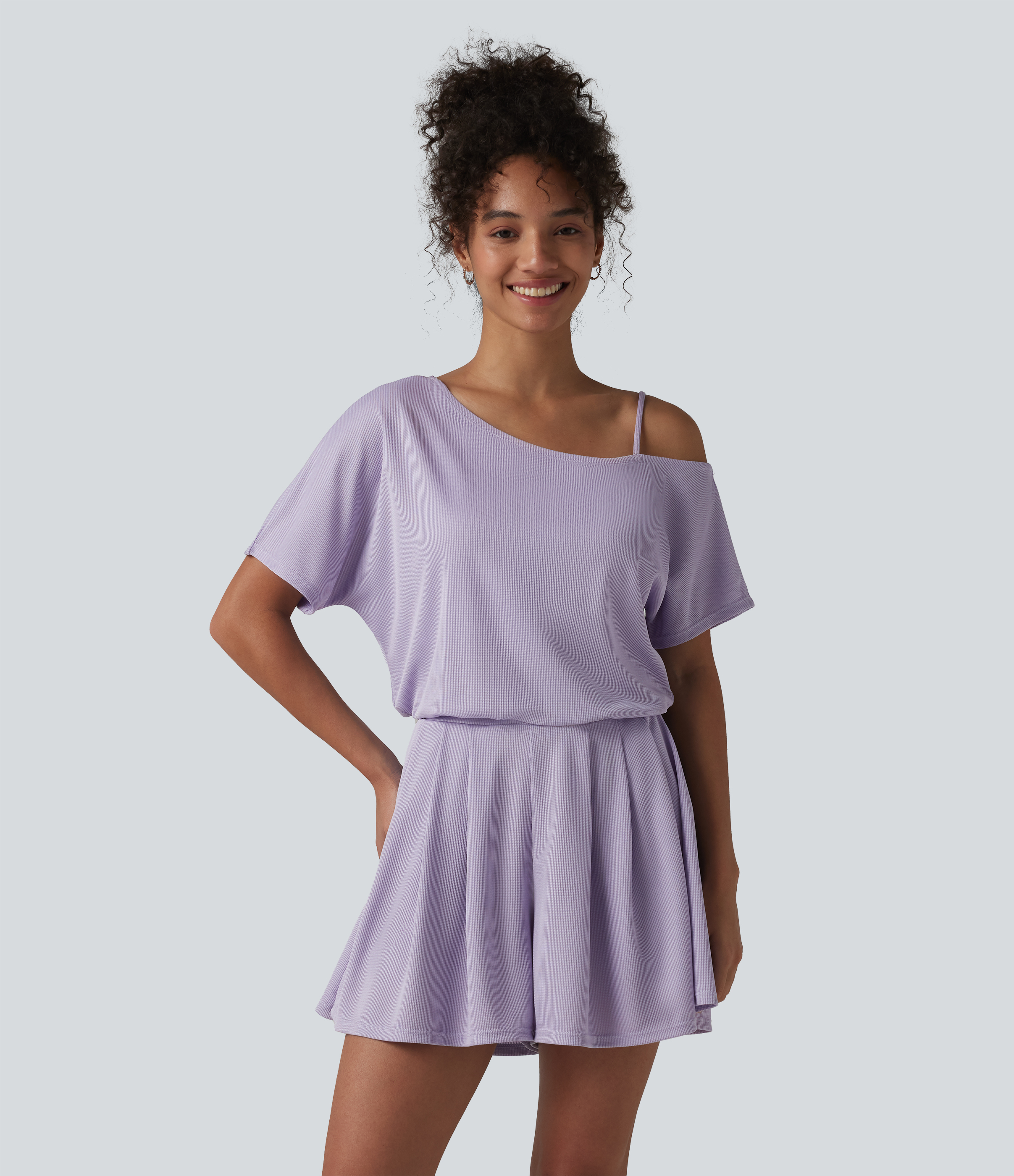 One Shoulder Short Sleeve Pleated Waffle Casual Romper with Pockets-Easy Peezy Edition