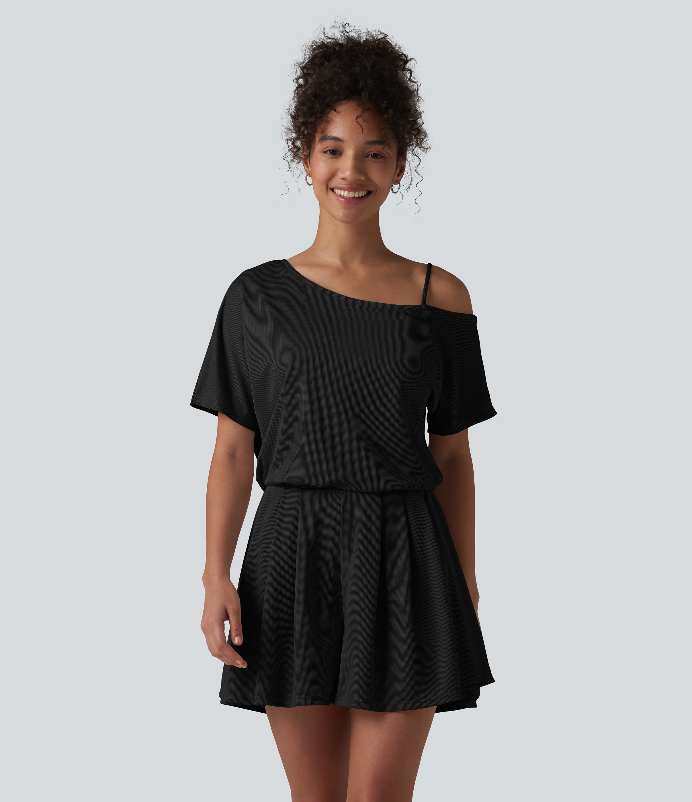 One Shoulder Short Sleeve Pleated Waffle Casual Romper with Pockets-Easy Peezy Edition