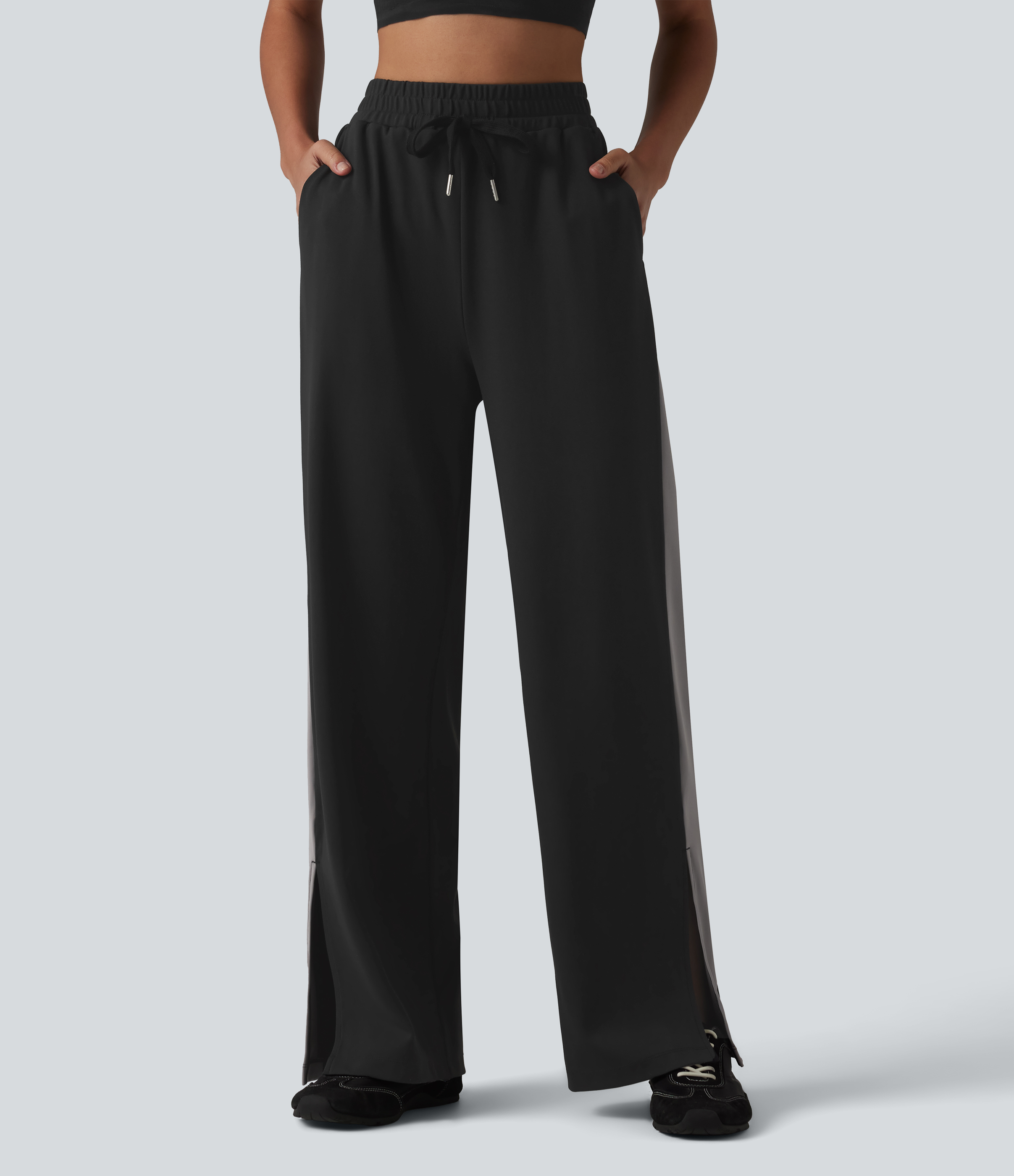 DayStretch High Waisted Drawstring Color Block Stripe Split Straight Leg Yoga Pants with Pockets