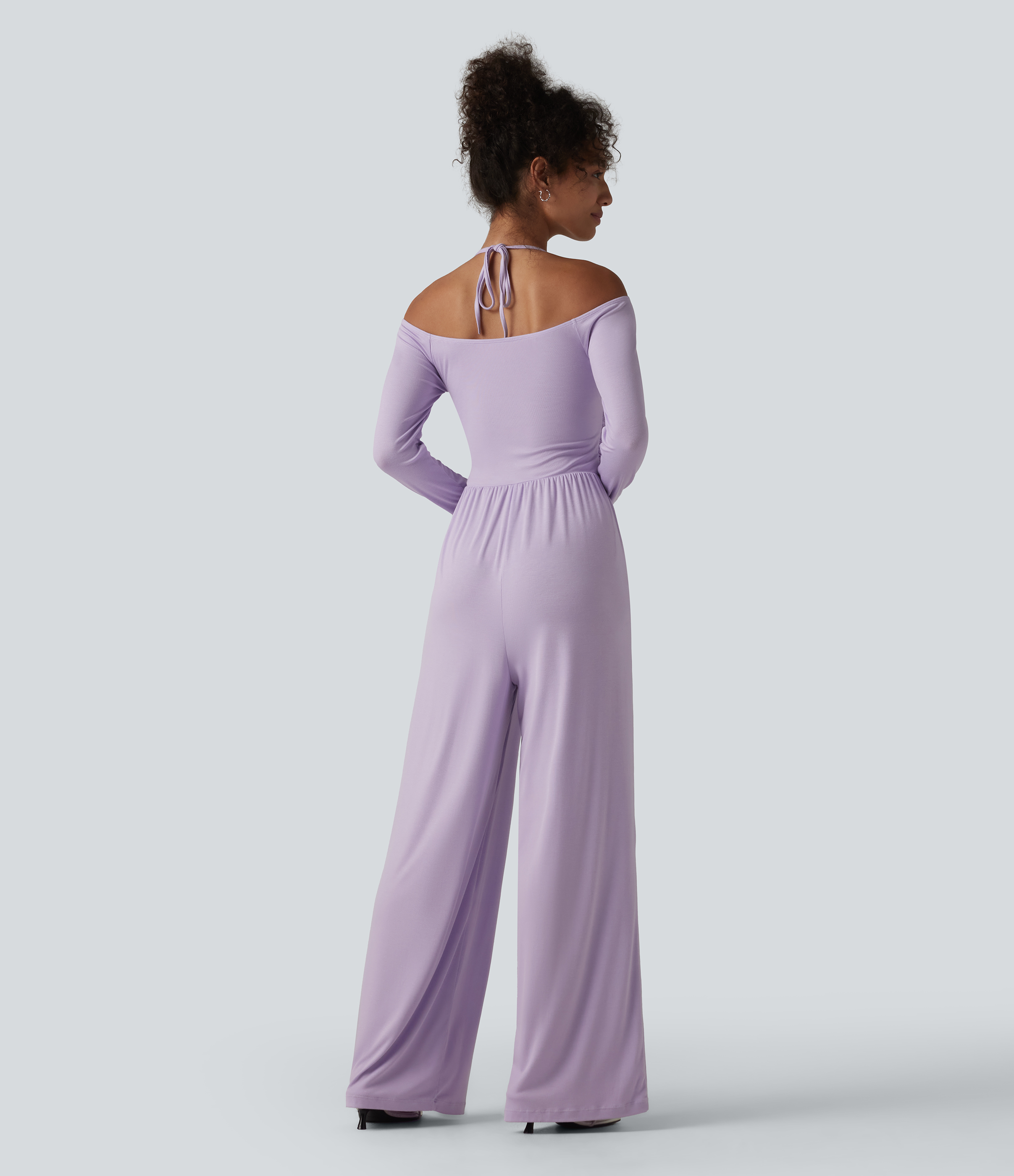 Misty Purple Ribbed Halter Tie Back Off Shoulder Built-in Bra Long Sleeve Casual Jumpsuit with Pockets / 2