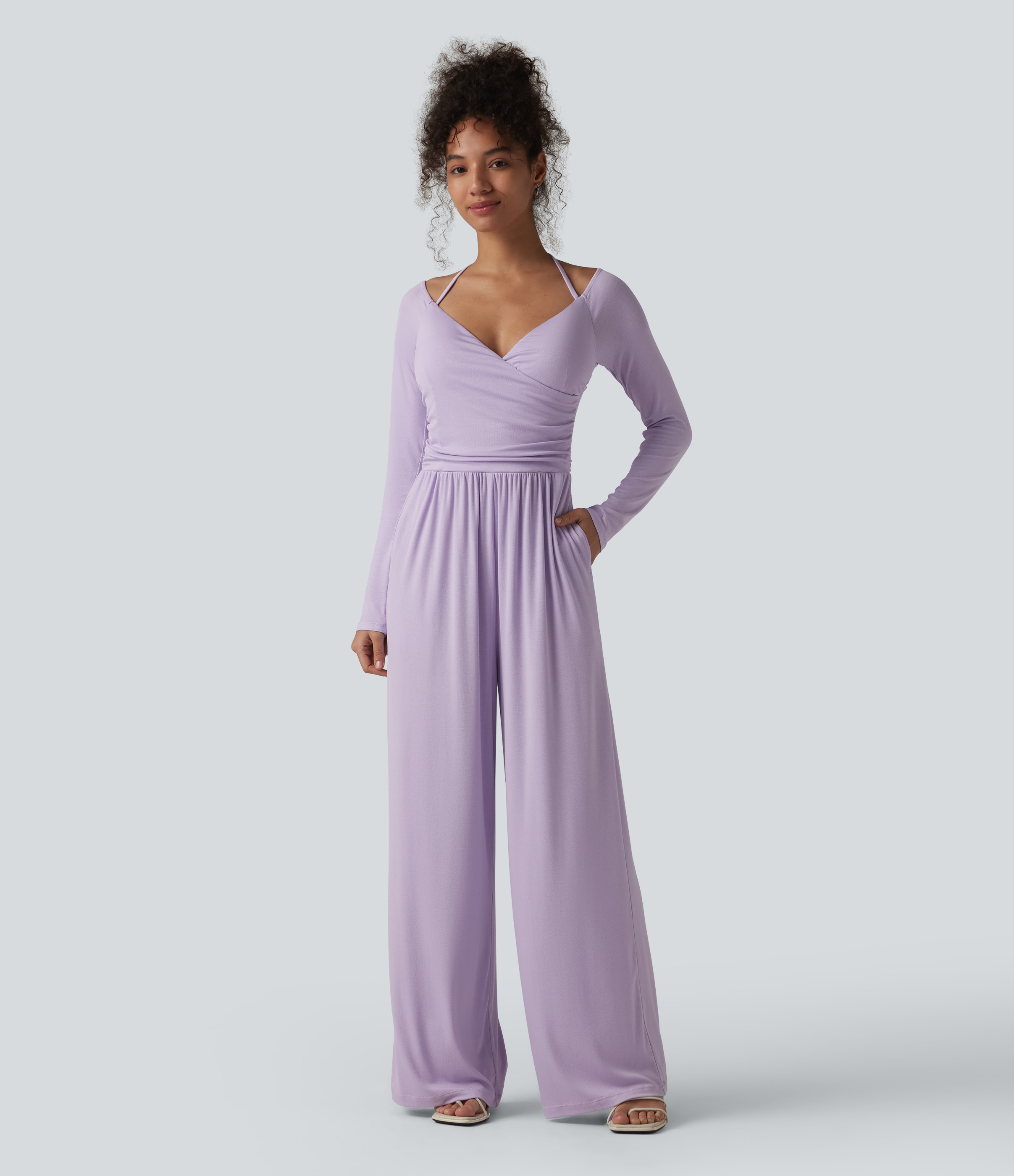 Ribbed Halter Tie Back Off Shoulder Built-in Bra Long Sleeve Casual Jumpsuit with Pockets