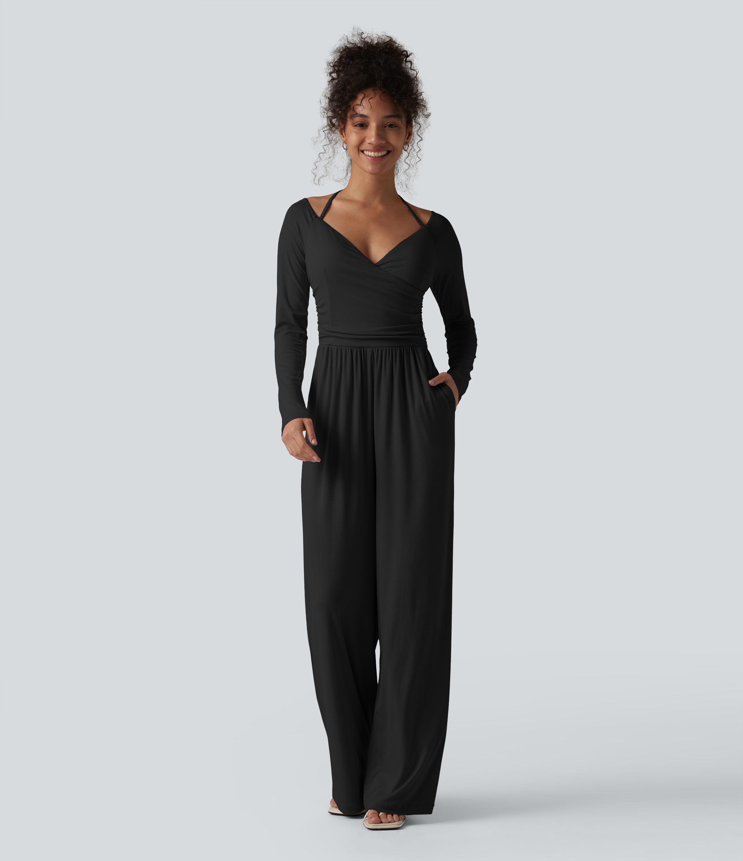 Ribbed Halter Tie Back Off Shoulder Built-in Bra Long Sleeve Casual Jumpsuit with Pockets