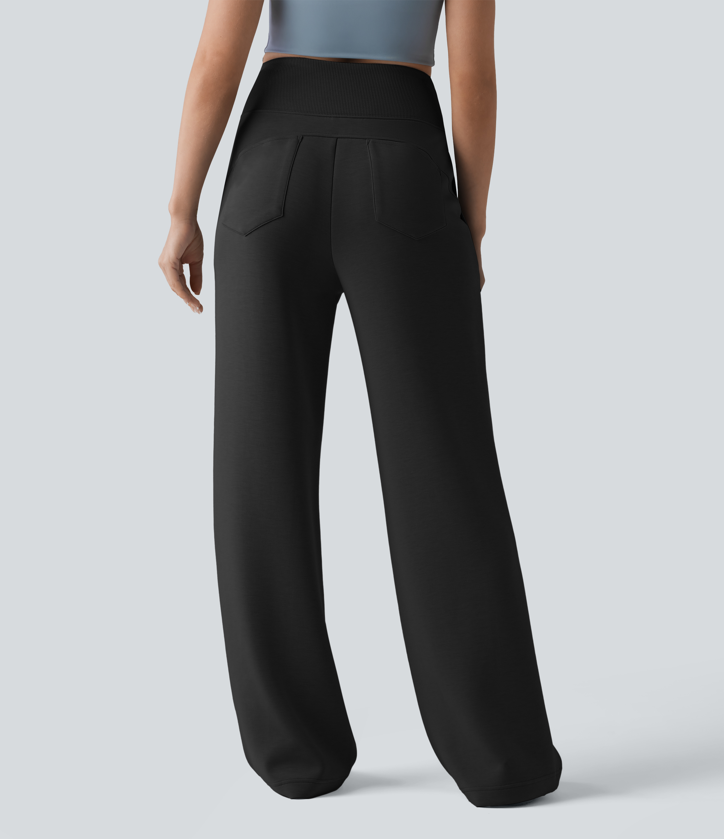 Black SpacerTek™ High Waisted Tummy Control Casual Wide Leg Sweatpants with Pockets / 2