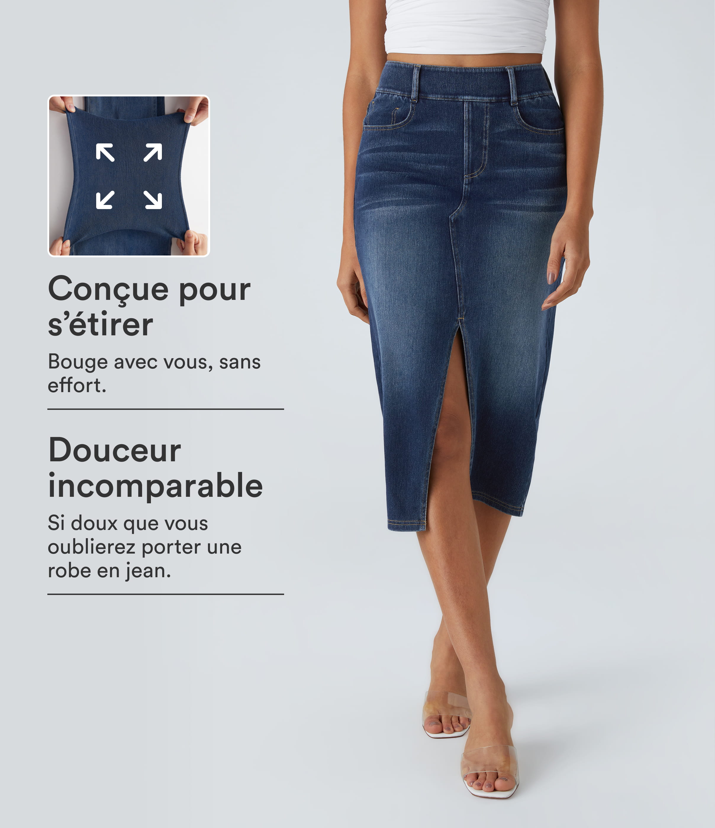 Halara Flex™ Jupe en Jean Casual Mi-Longue Délavé Extensible Plusieurs Poches Taille Haute