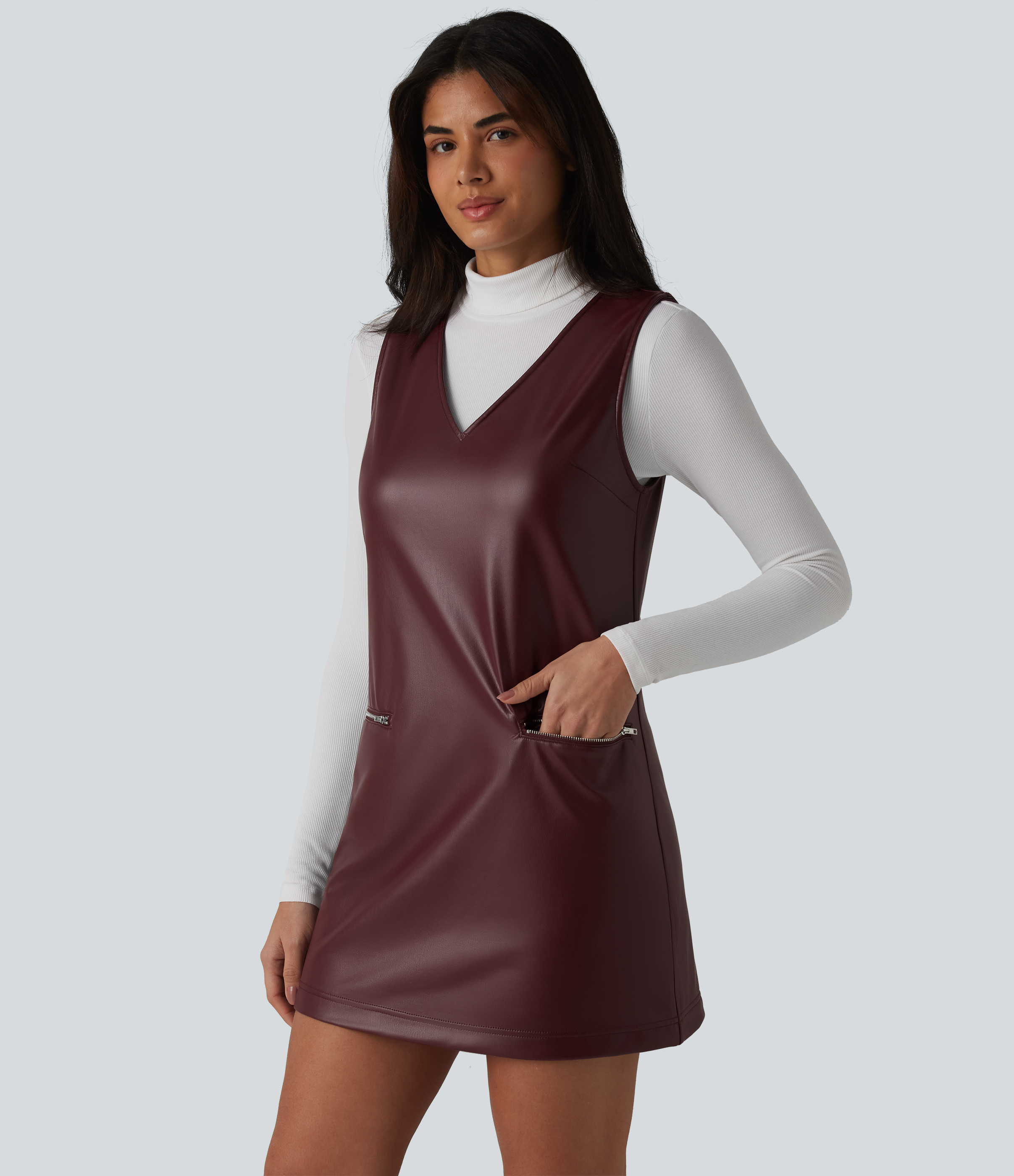 Robe de travail mini sans manches à col en V en polaire PU extensible avec poches