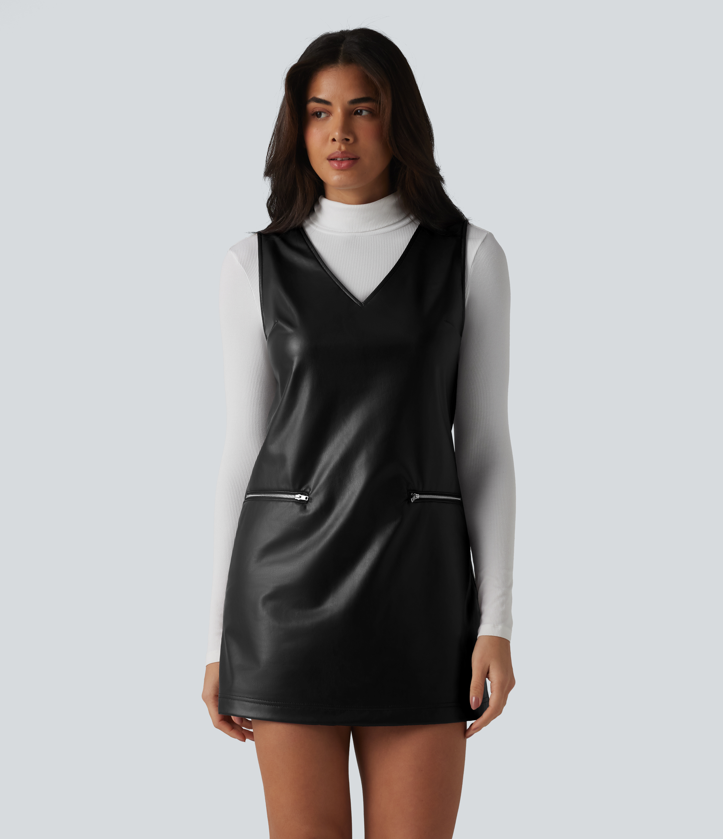 Robe de travail mini sans manches à col en V en polaire PU extensible avec poches