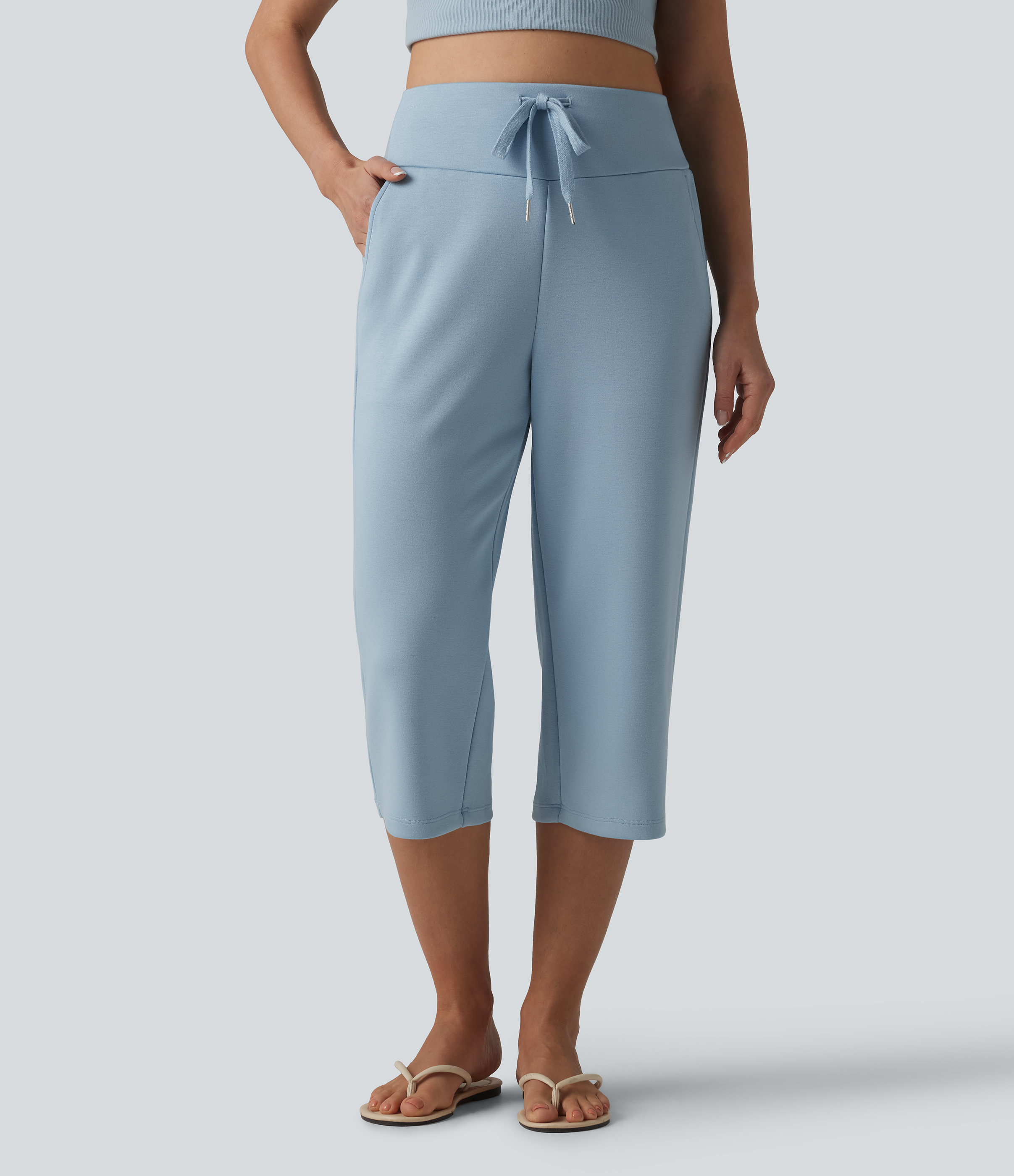 High Waisted Drawstring Straight Leg Capri Casual Pants with Pockets