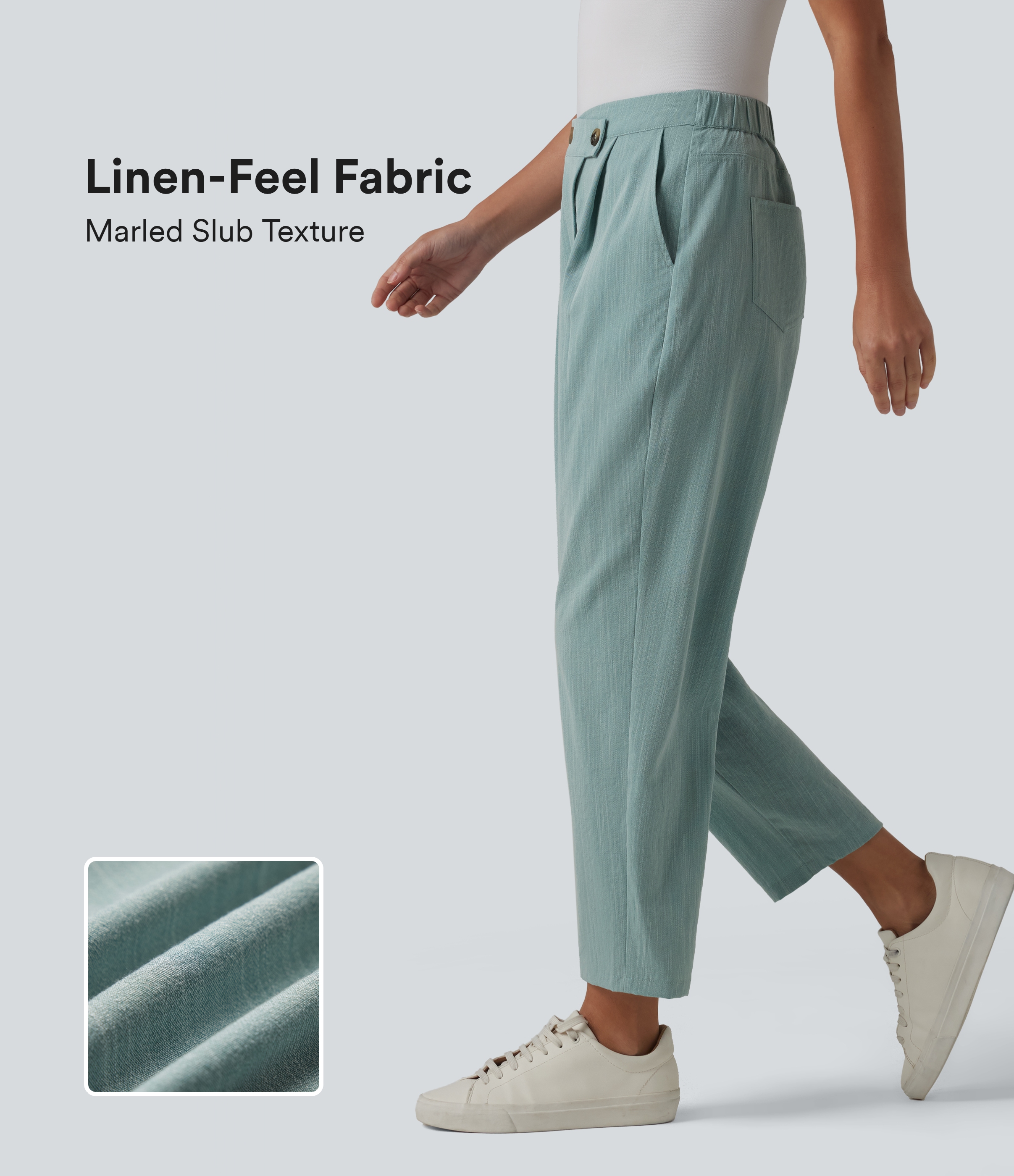 Schmal zulaufende Bürohose in Leinenoptik mit hohem Crossover-Bund und mehreren Taschen