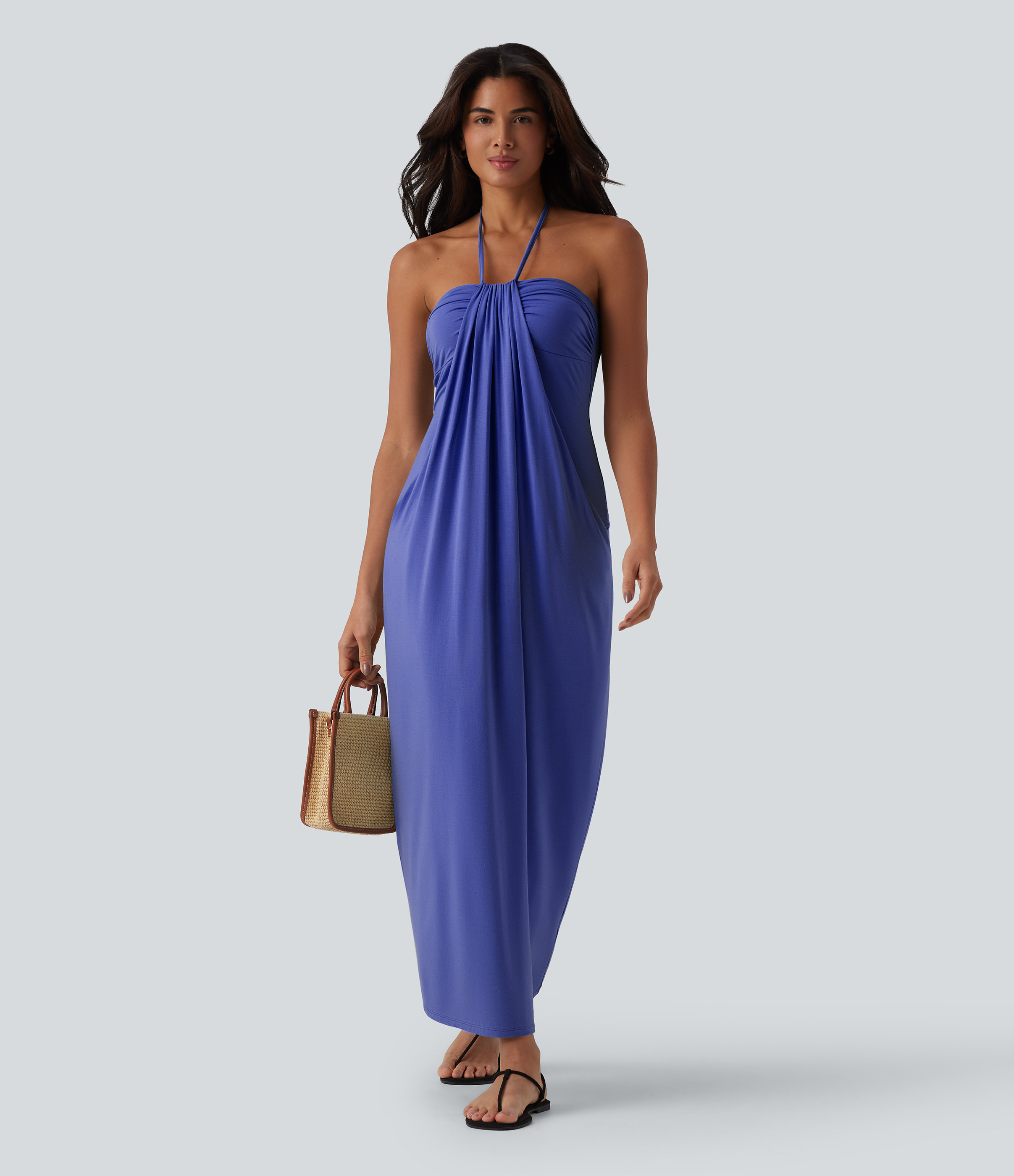 halara halter dress Tie Back Maxi with Pockets, Orchid Purple S. Casual Summer Flowy Knit Sleeveless Slip Ruched Dress Halara clothing