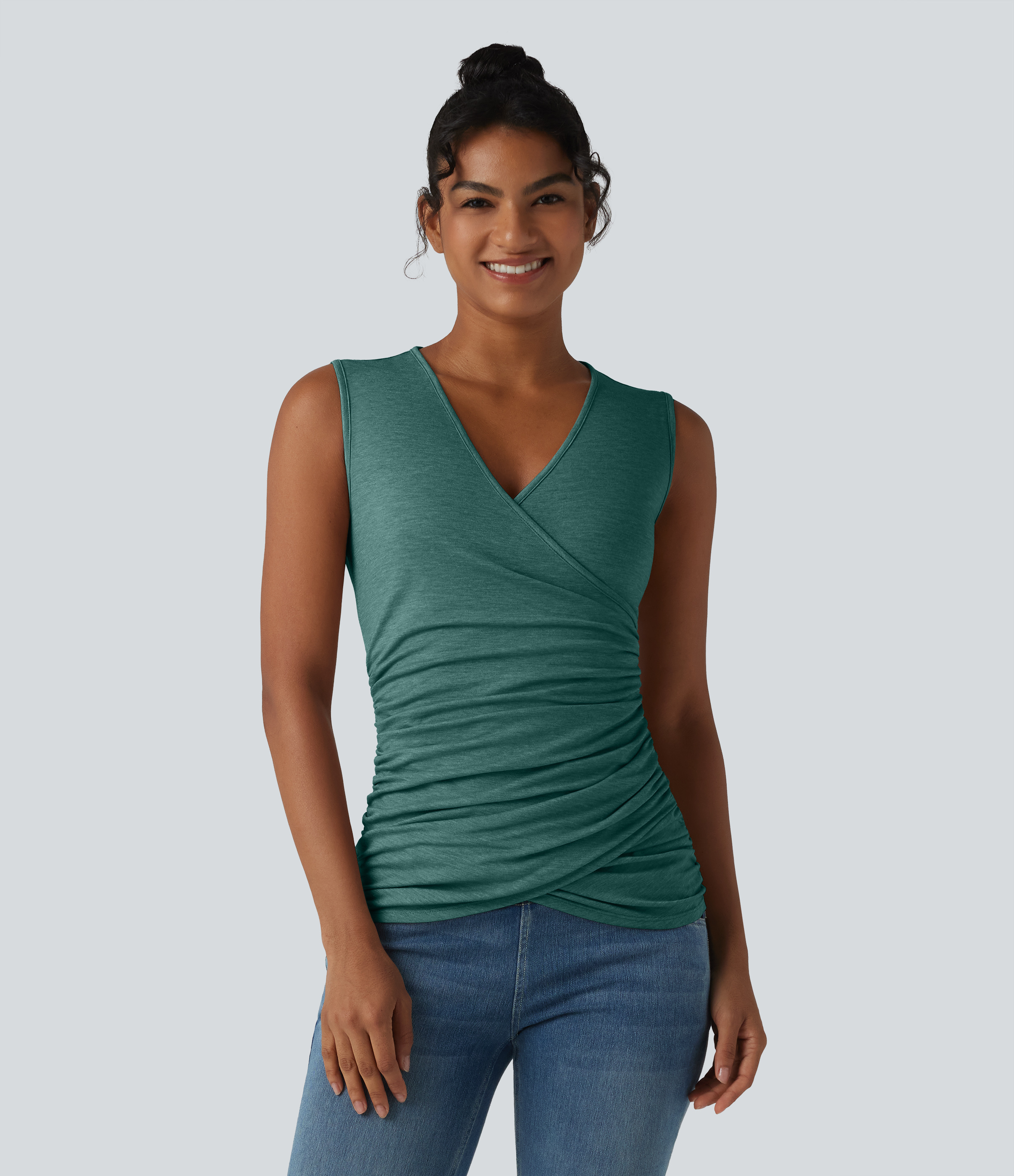 V Neck Crossvoer Ruched Casual Tank Top