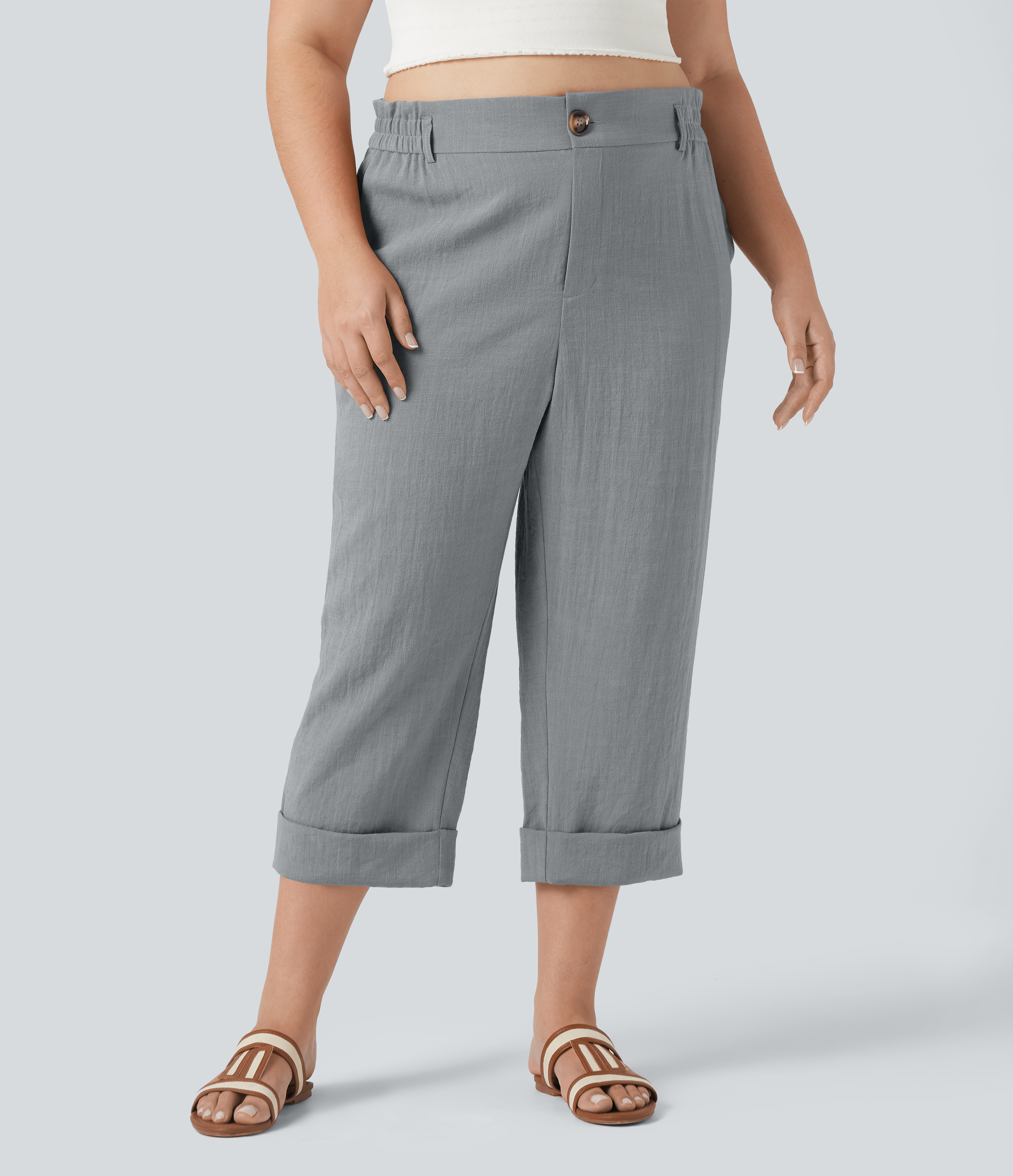 High Waisted Capri Linen-Feel Resort Plus Size Pants with Pockets