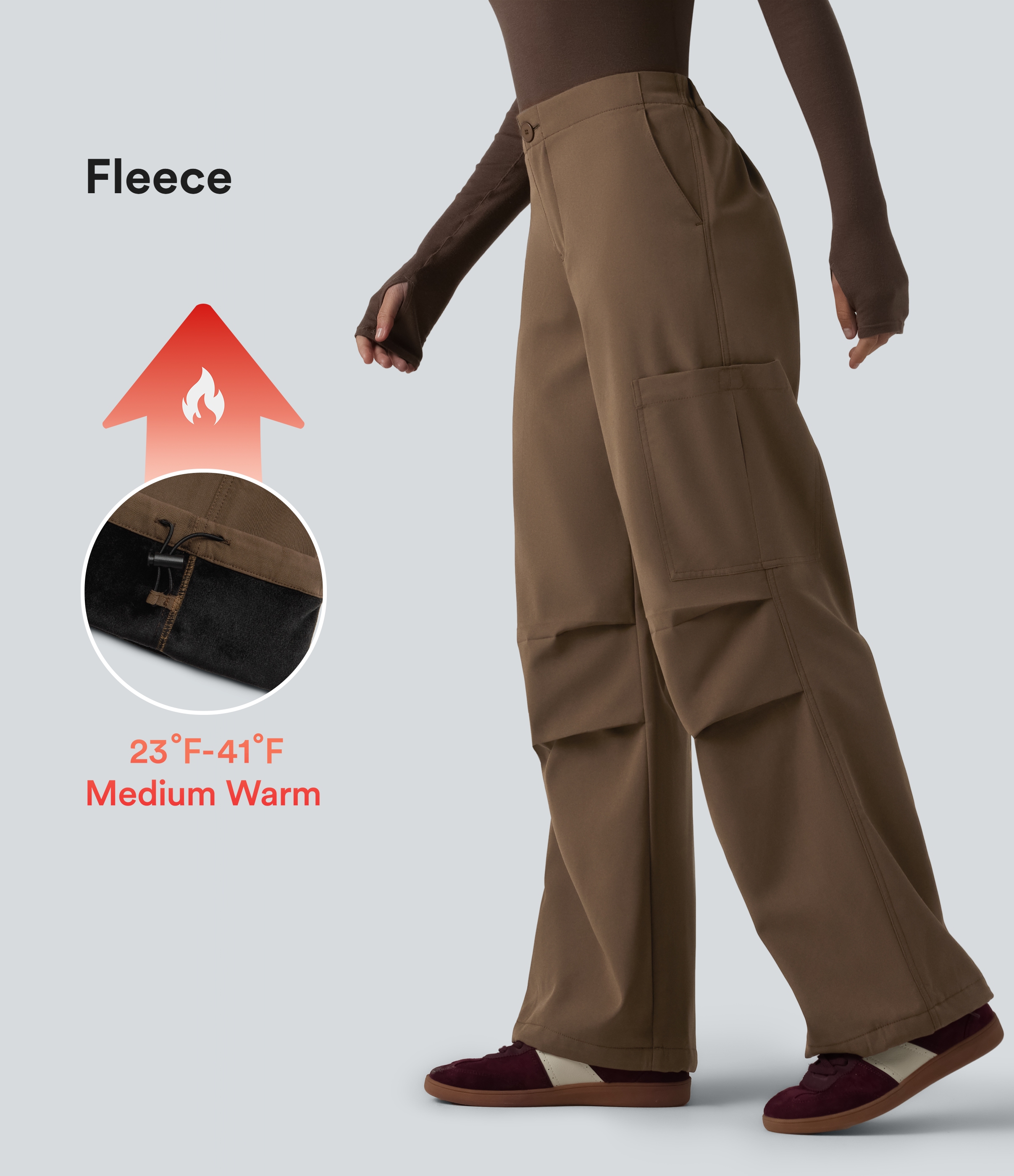 High Waisted Wide Leg Fleece Casual Parachute Pants with Pockets