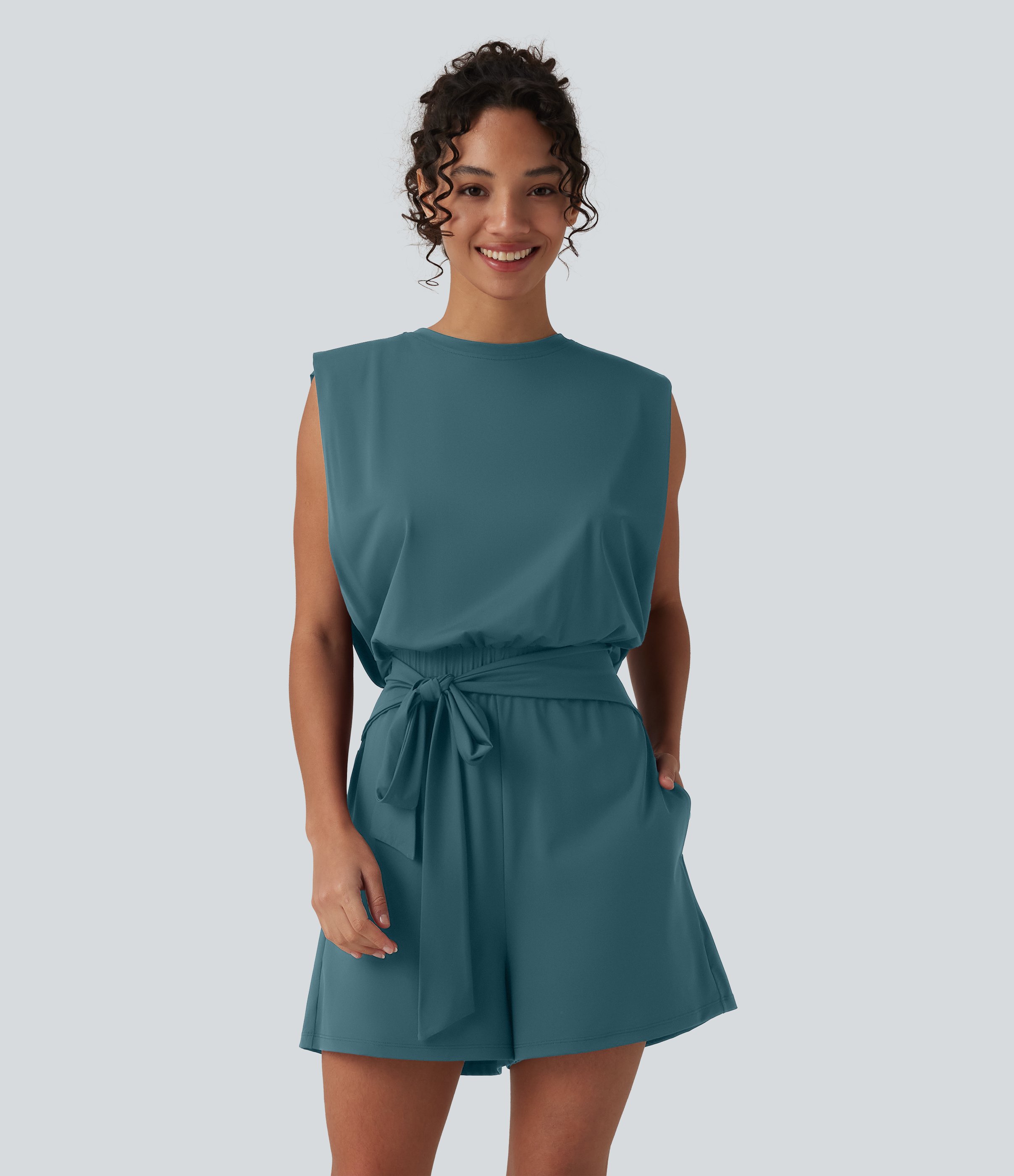 Round Neck Sleeveless Tie-front Cool Touch Casual Romper with Pockets-Easy Peezy-UPF50+