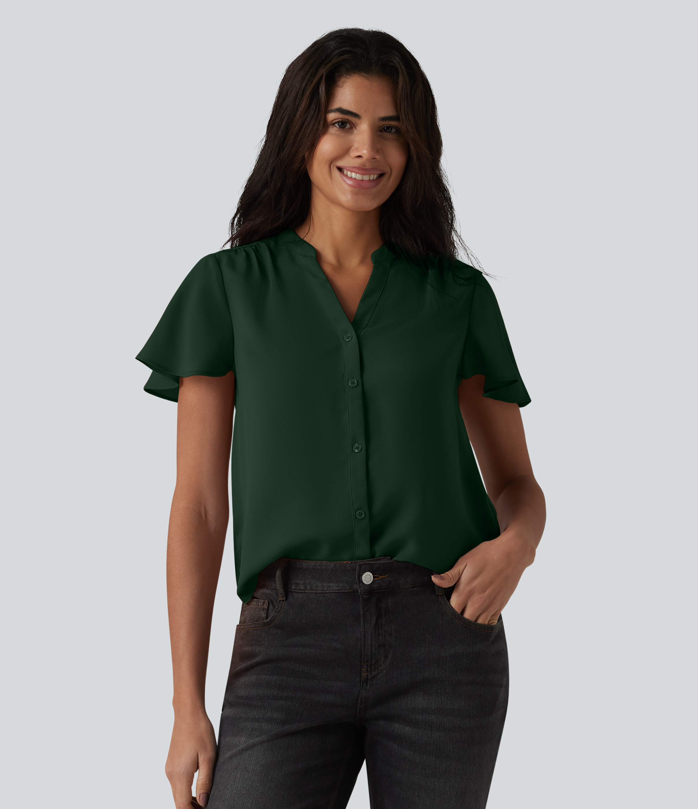 V-neck Flounce Sleeve Curved Hem Casual Blouse