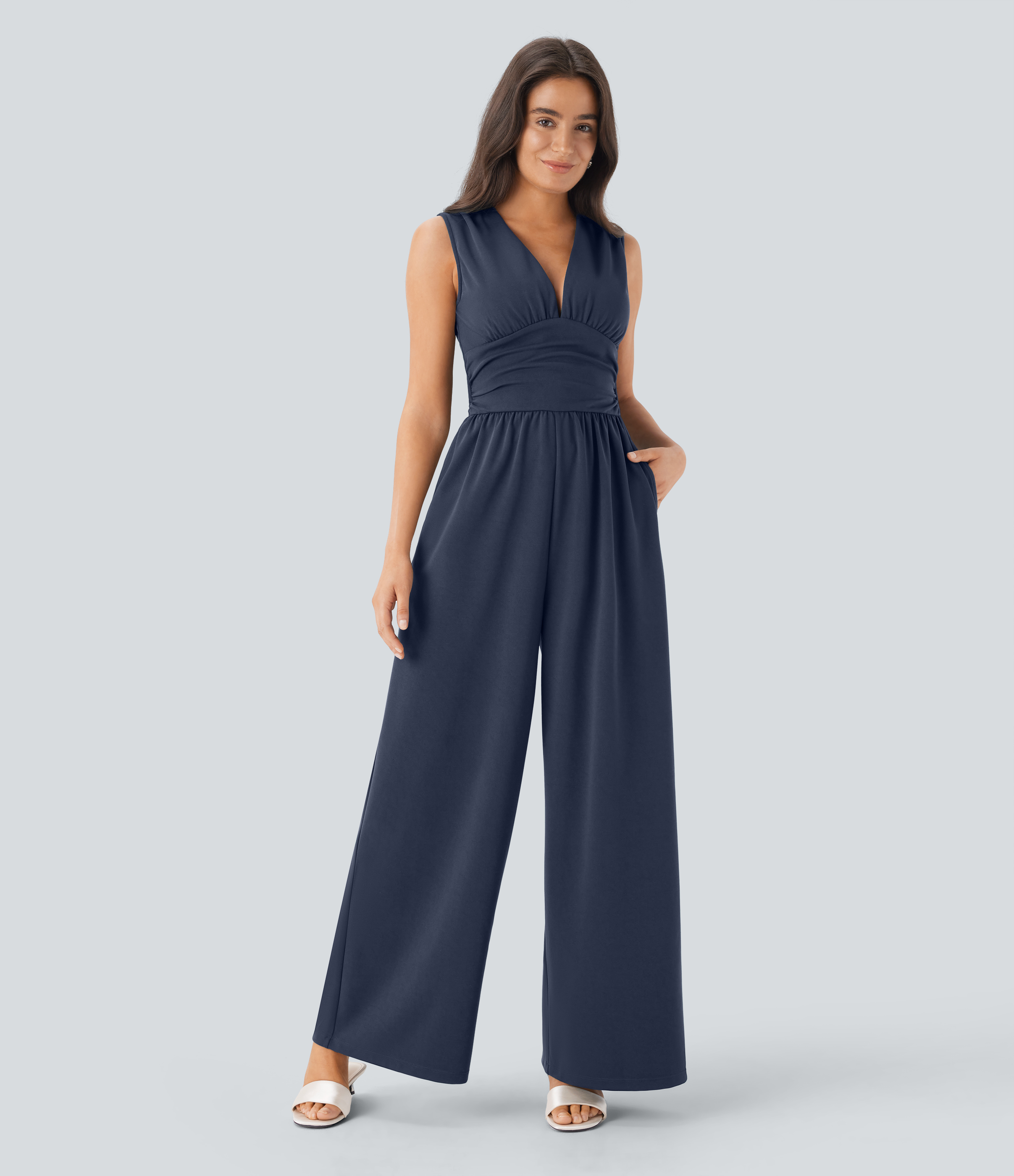 V Neck Sleeveless Ruched Pocket Jumpsuit-Easy Peezy
