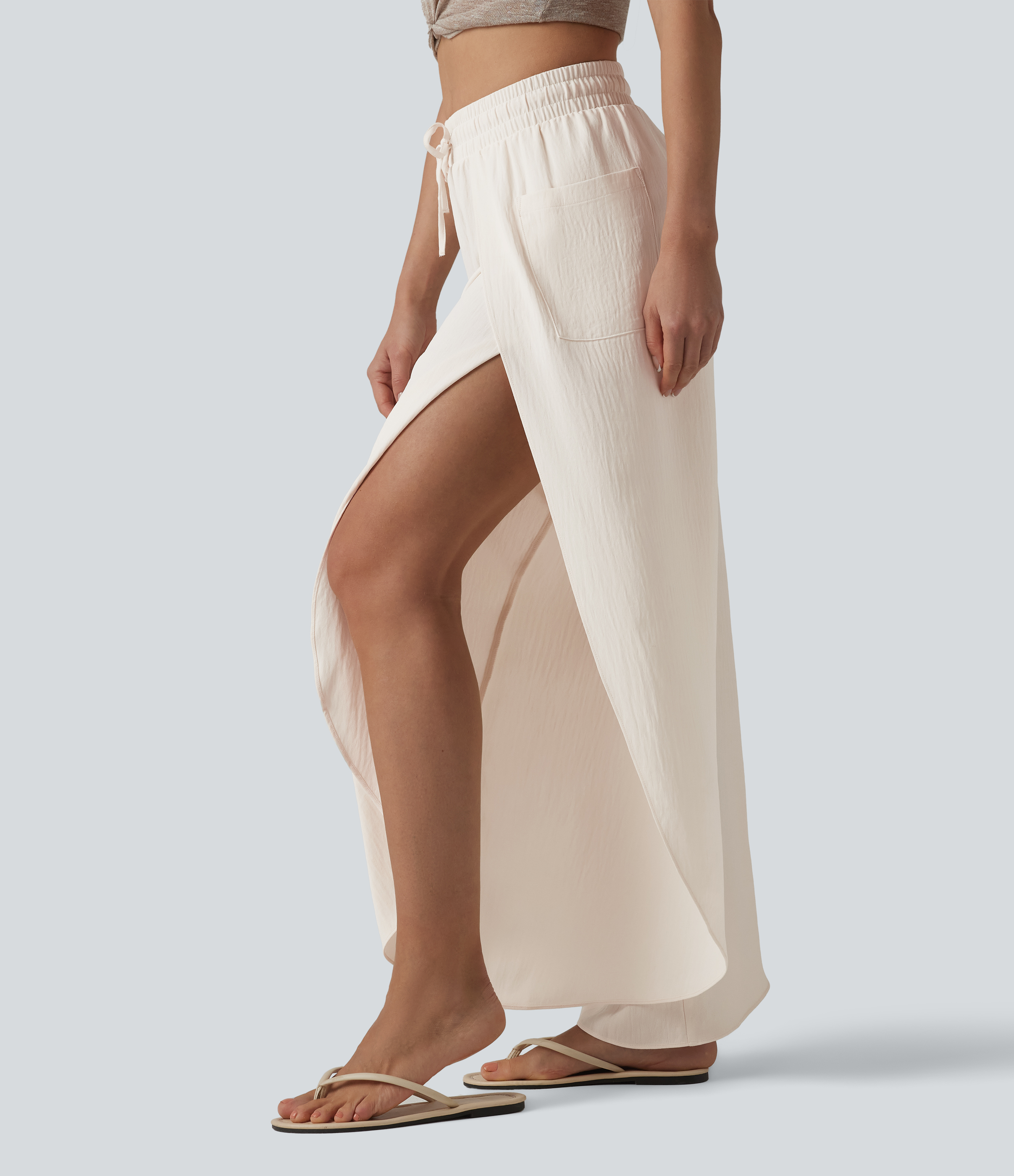 Mid Rise Drawstring Split Linen-Feel Casual Baggy Pants with Pockets