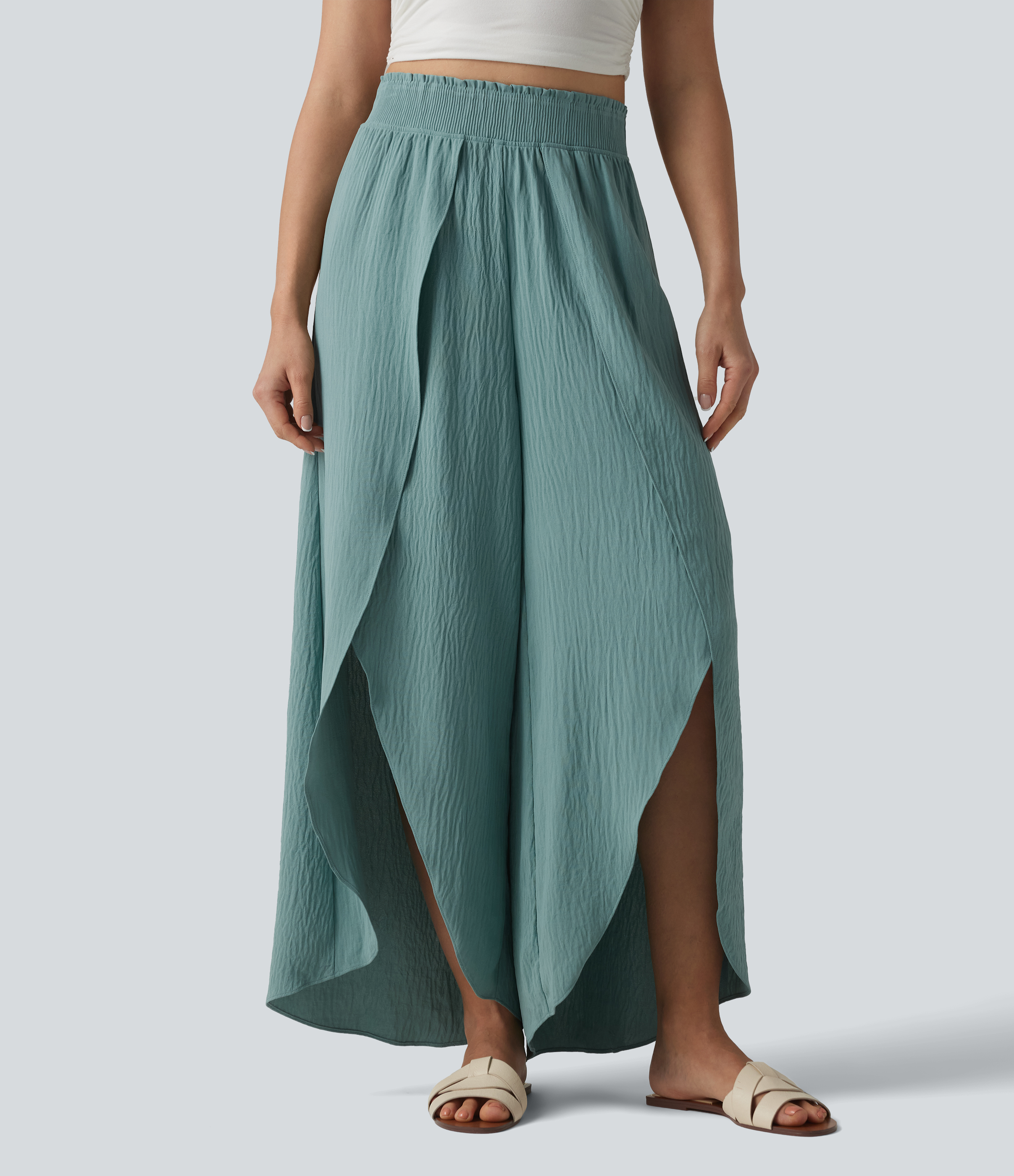 High Waisted Flowy Wide Leg Casual Linen-Feel Pants