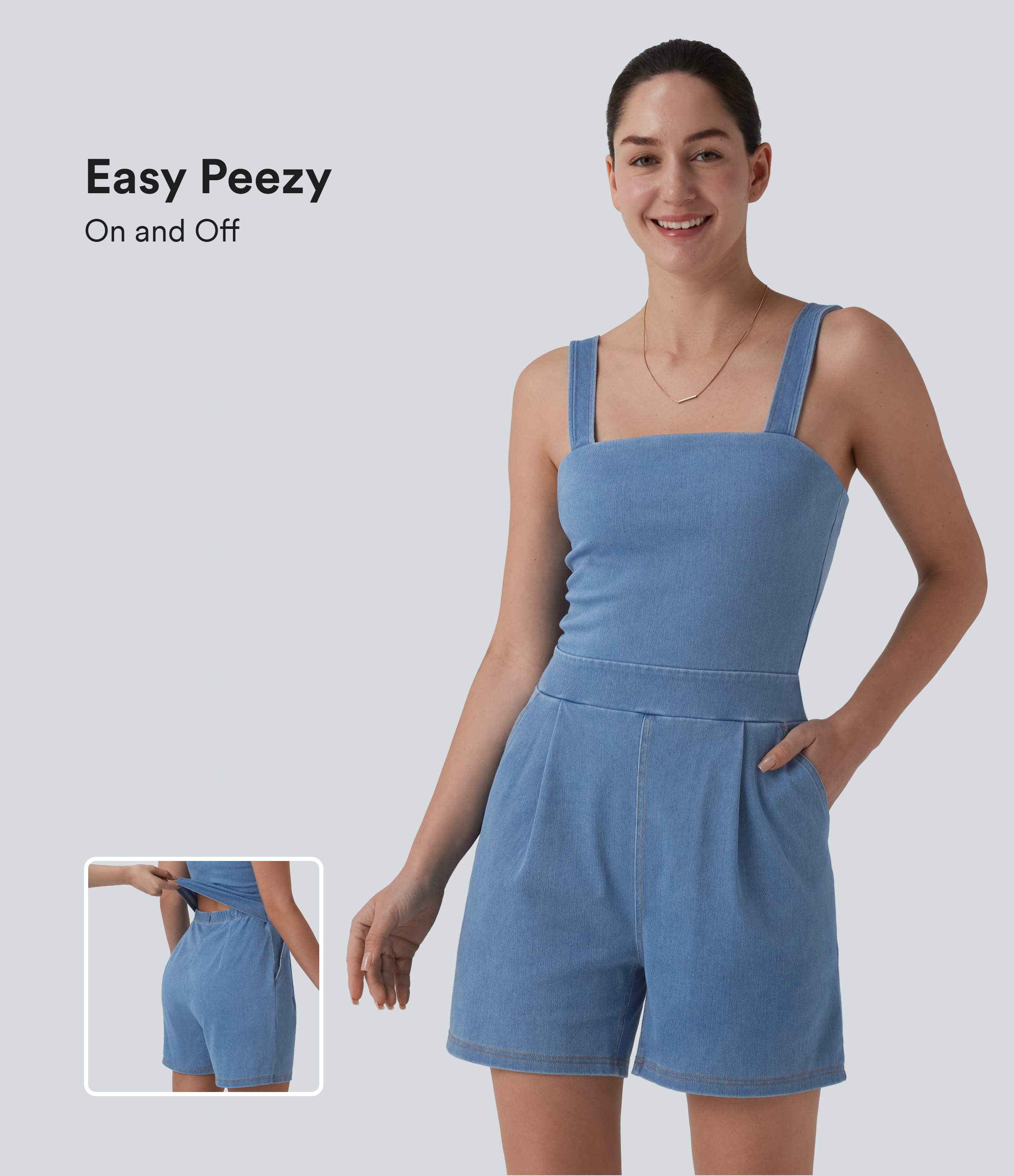 Halara Flex™ - Lässiger, ärmelloser Denim-Jumpsuit mit quadratischem Ausschnitt und Seitentaschen - Easy Peezy