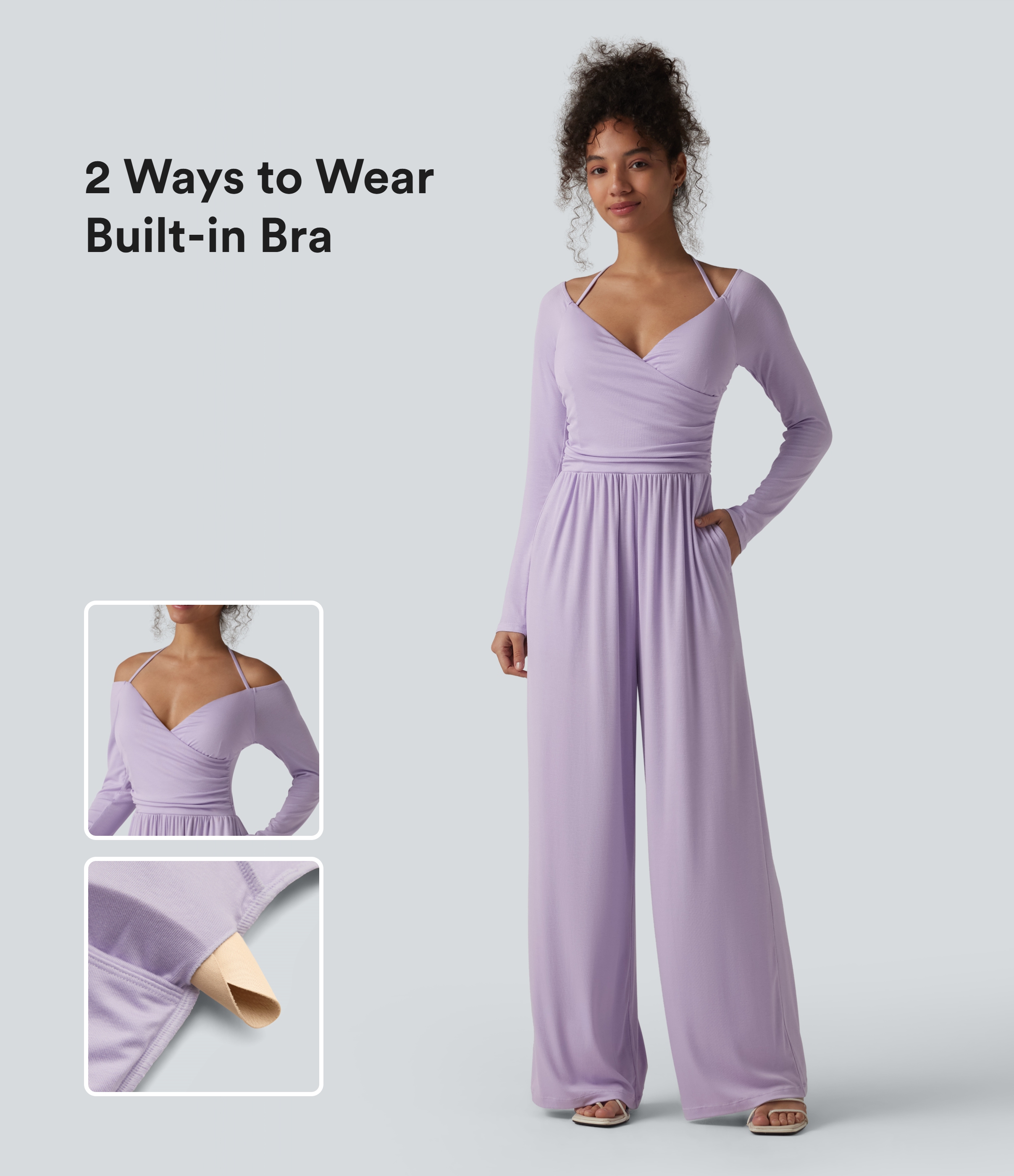 Ribbed Halter Tie Back Off Shoulder Built-in Bra Long Sleeve Casual Jumpsuit with Pockets