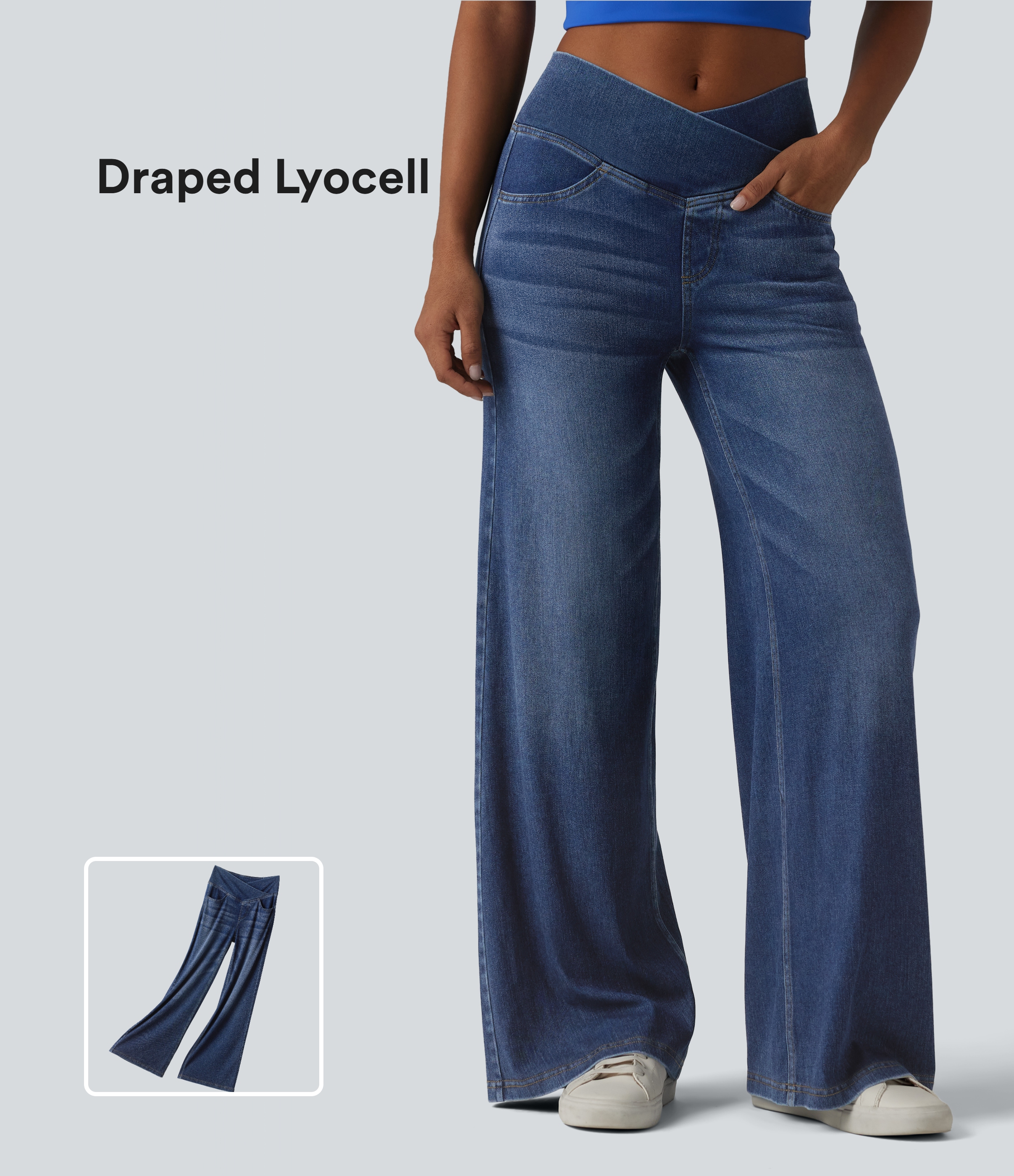 Halara Flex™ Jean large casual taille haute croisée en lyocell drapé lavé avec poches