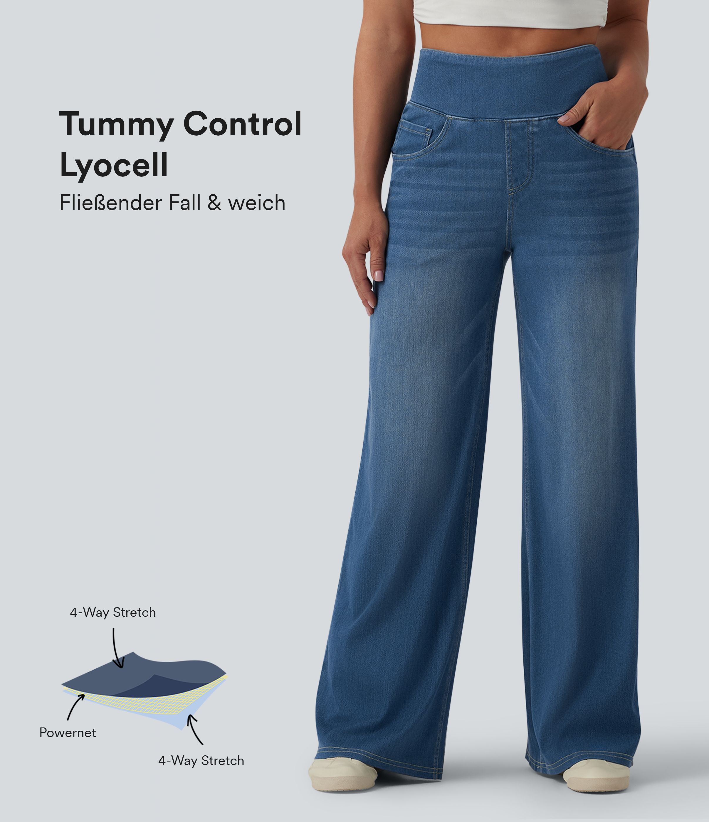 Halara Flex™ - Lässige, verwaschene Jeans aus drapiertem Lyocell mit hohem Bund, mehreren Taschen, Bauchkontrolle und weitem Bein