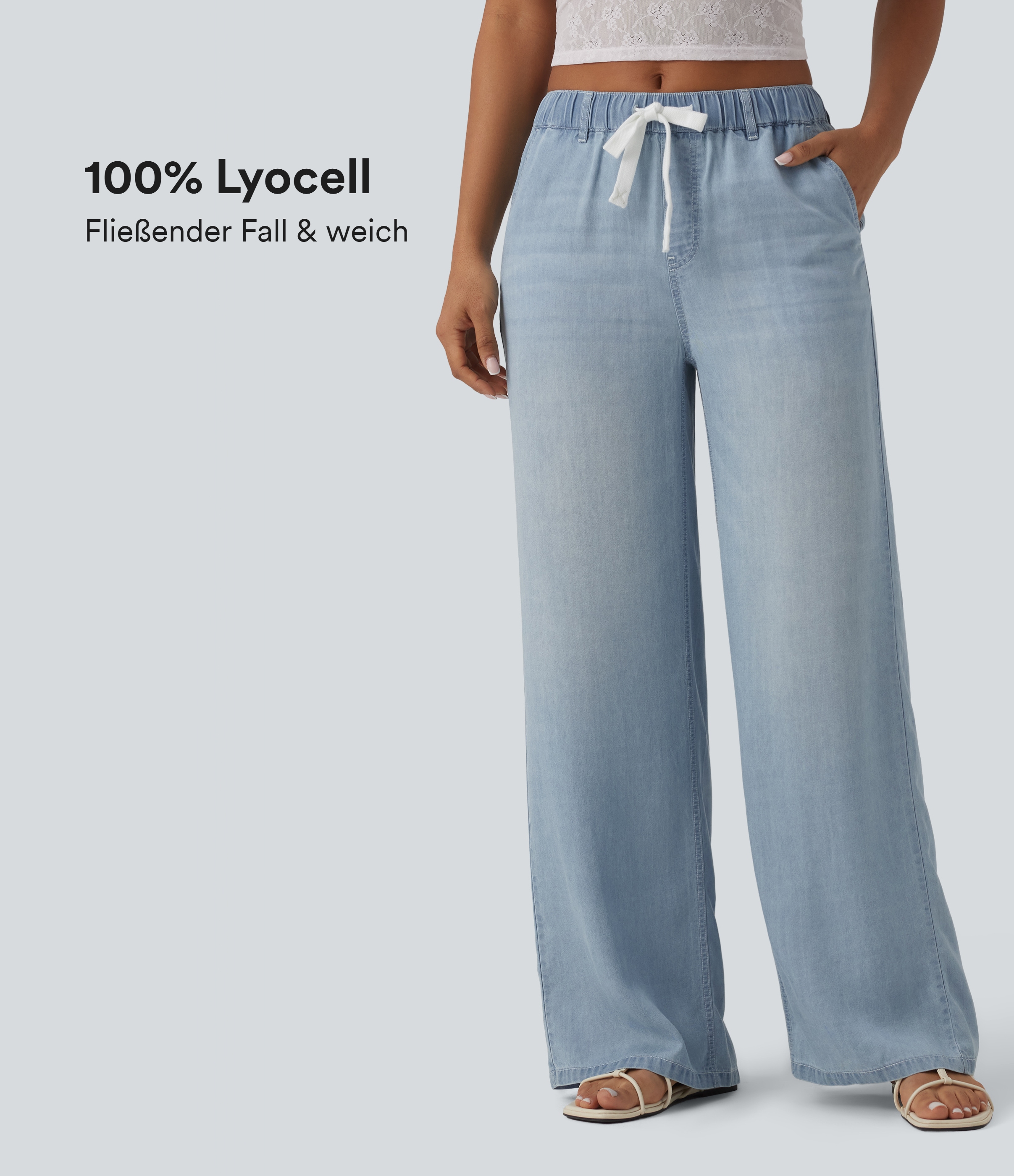 Pantalones vaqueros informales de lyocell con cintura de tiro medio, múltiples bolsillos y cordón ajustable.