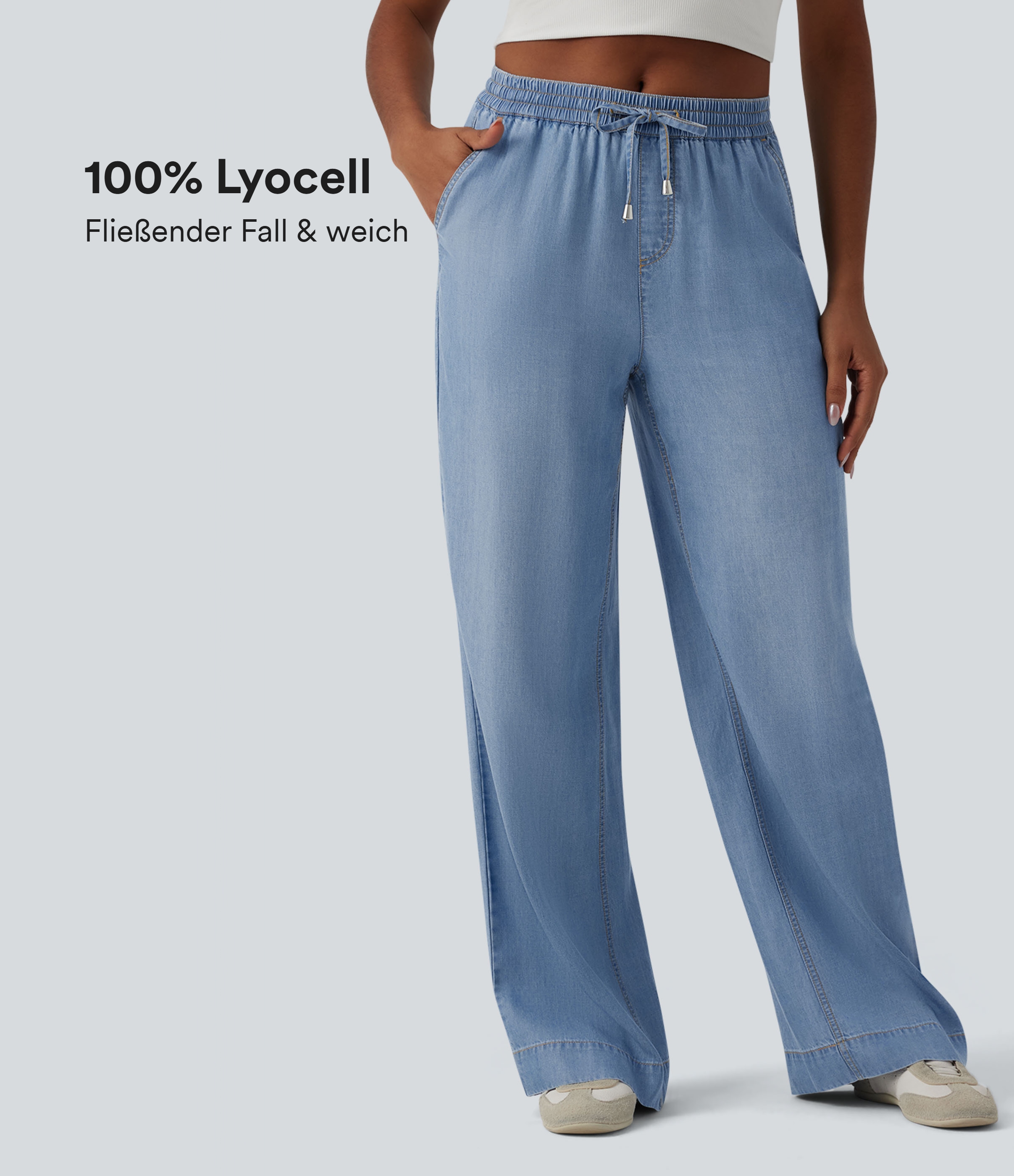 Lässige Jeans aus Lyocell mit mittelhohem Bund, Seitentaschen, Kordelzug und weitem Bein