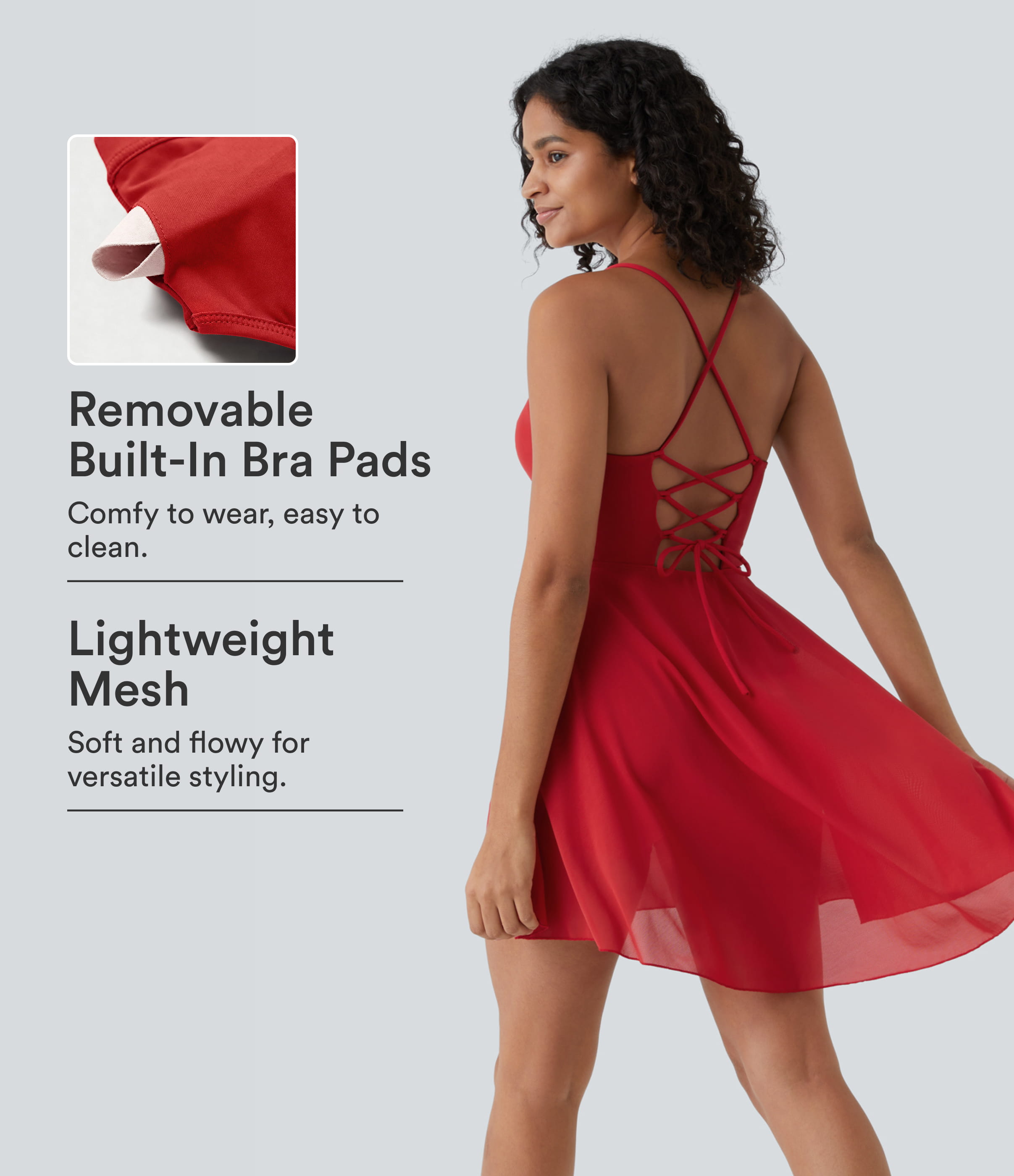 Lace Up 2-in-1 Pocket High Low Contrast Mesh Flowy Low Support Mini Dance Active Dress A-D Cups